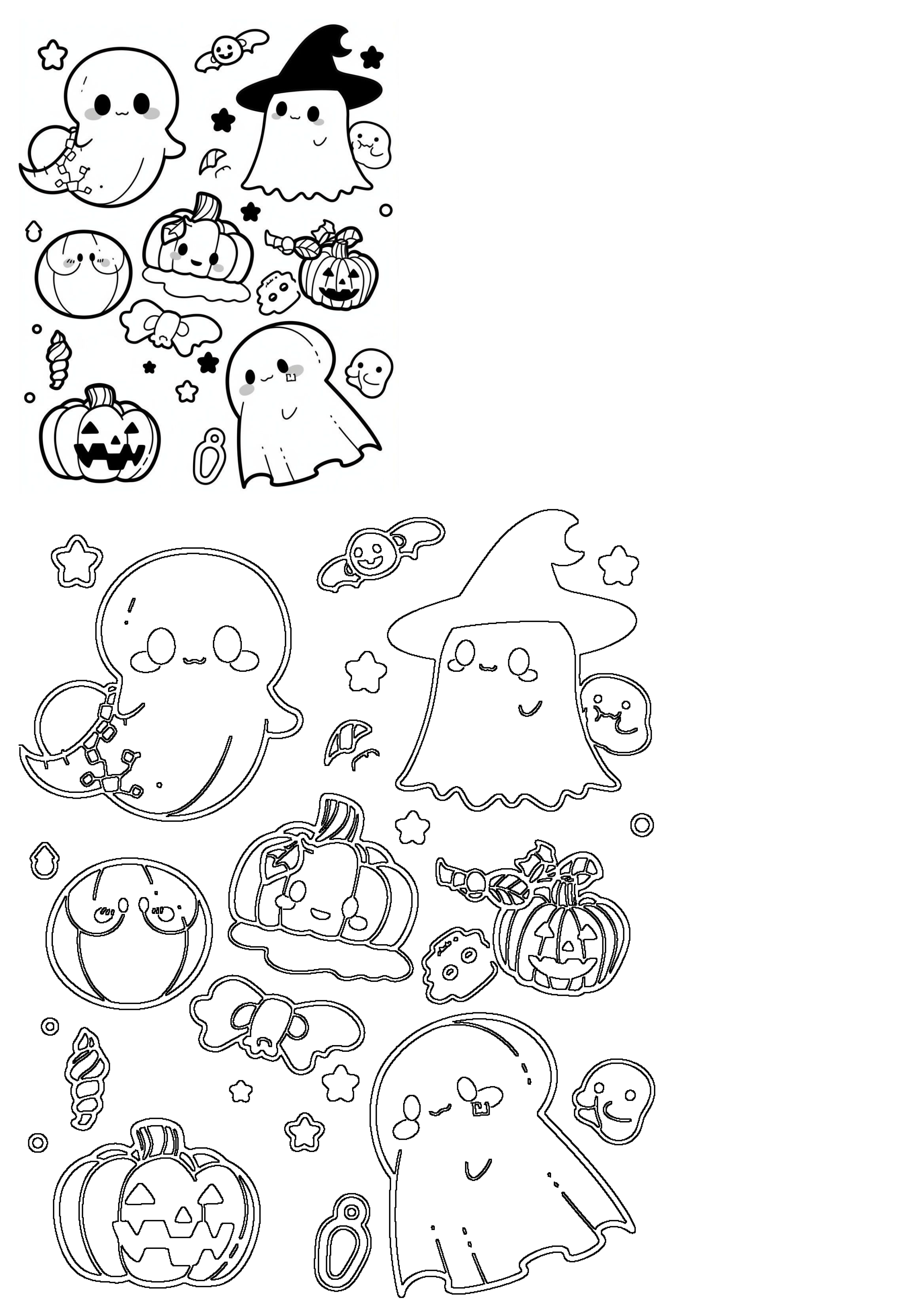 Cute Halloween ghosts, some with witch hats, alongside adorable pumpkins with various faces, stars, bats, and candy outlines for kids.