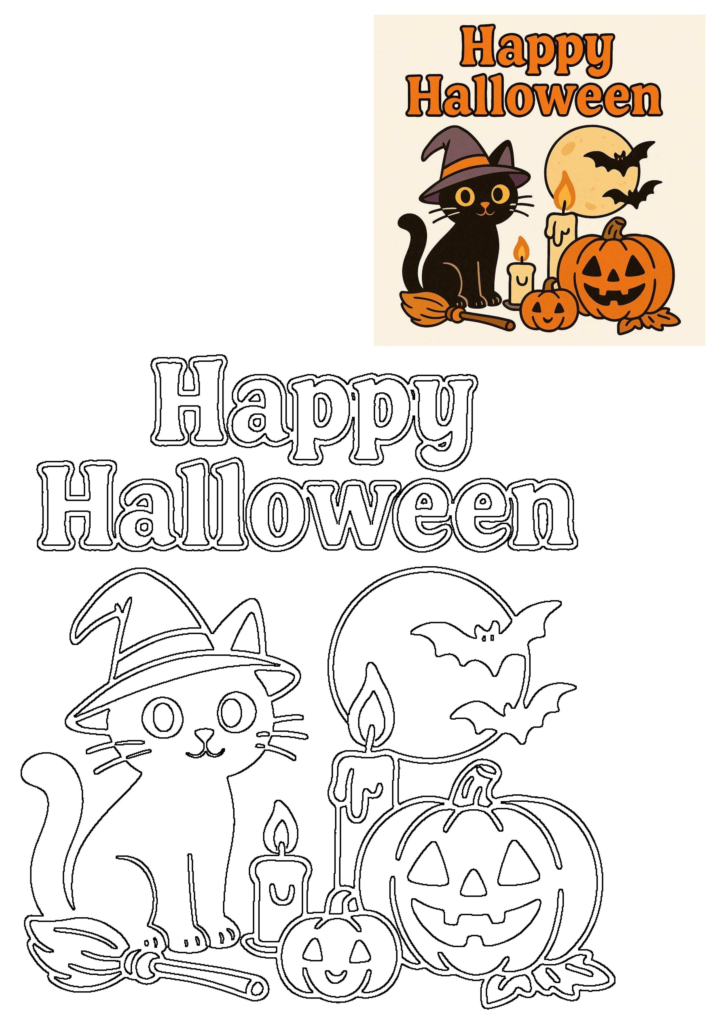 Happy Halloween black cat witch hat, jack-o'-lanterns, candles, moon, bats. Includes colored illustration and a coloring page outline.