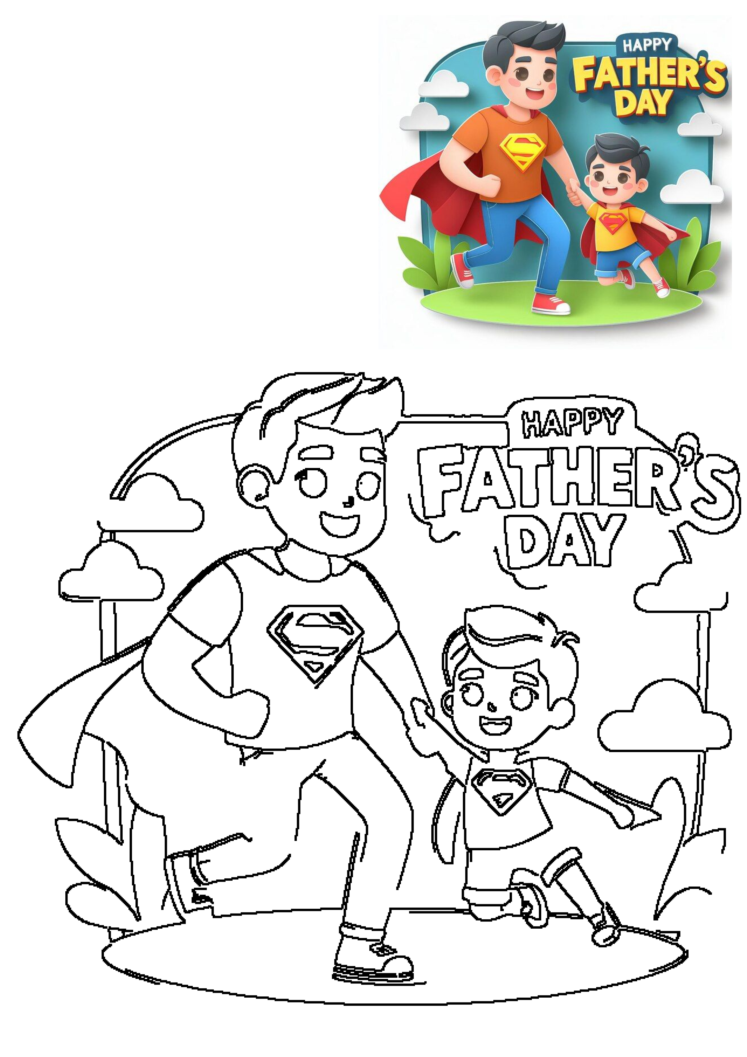 A cheerful cartoon shows a superhero father and son holding hands, happily celebrating Father's Day. Ideal for greeting cards and illustrations.
