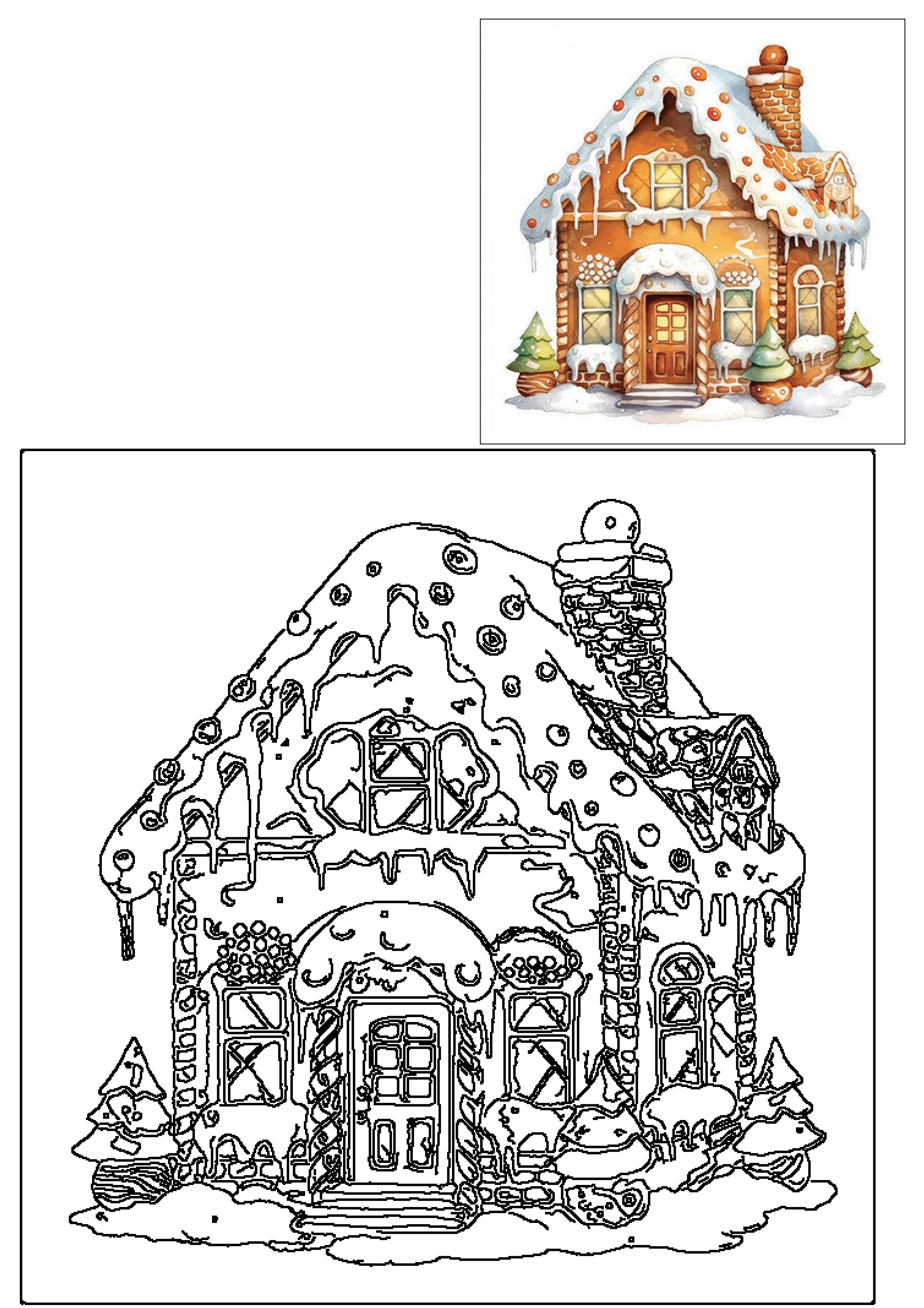 A festive gingerbread house featuring white icing, colorful candy, and snow-capped roof, presented as a vibrant illustration and a black line drawing.