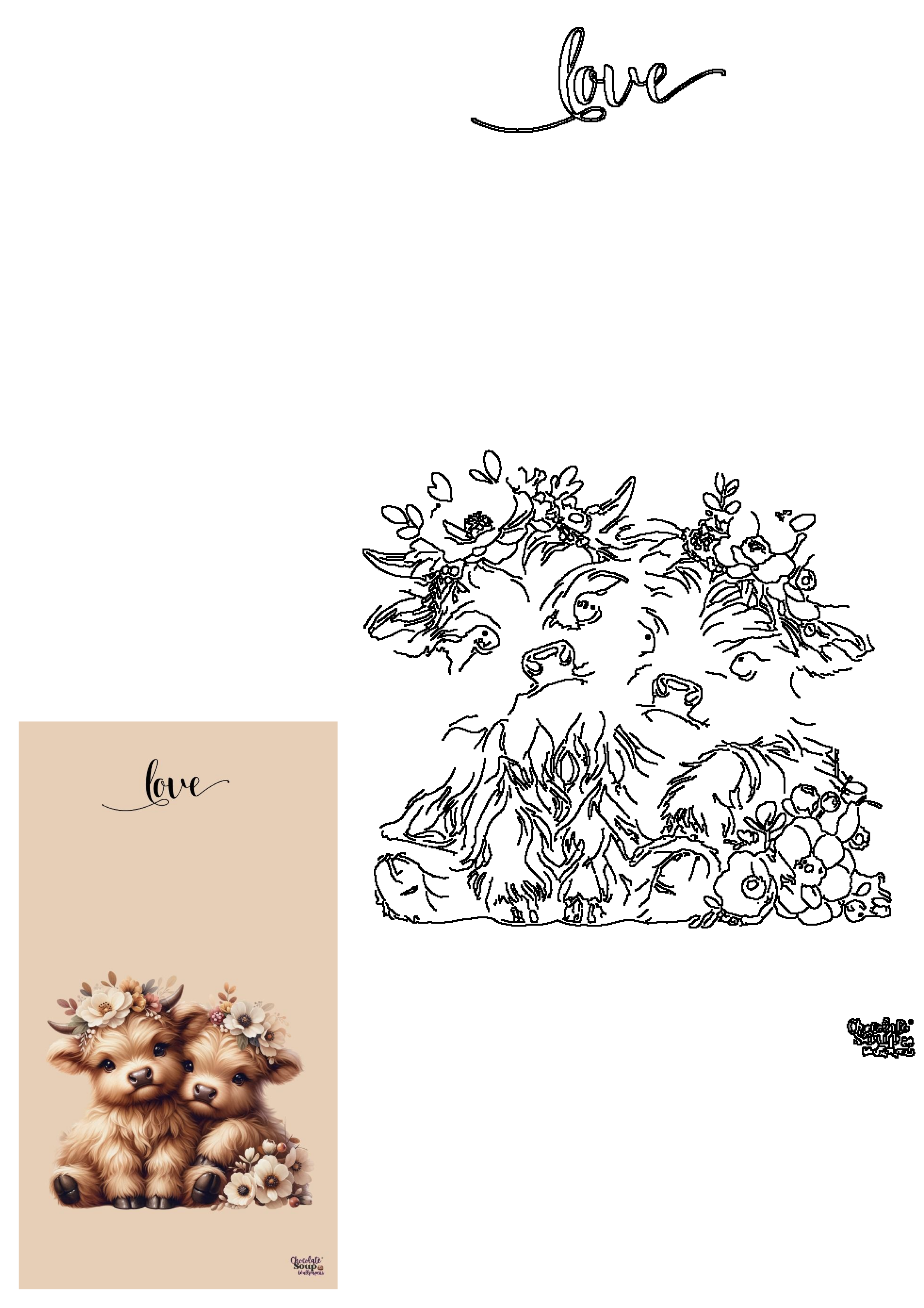 Two adorable fluffy Highland baby cows with tiny horns, wearing beautiful floral crowns and cuddling, on a warm beige background with 'love' script.