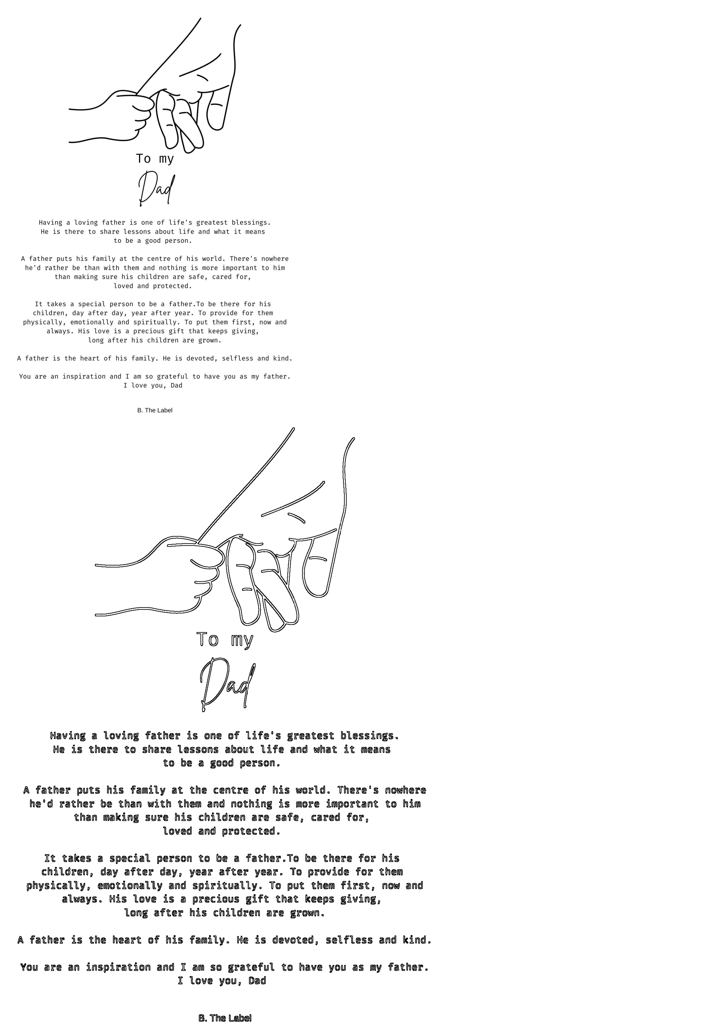 Touching line art depicts a father's hand holding a child's, paired with a heartfelt quote about fatherly love, gratitude, and devotion.