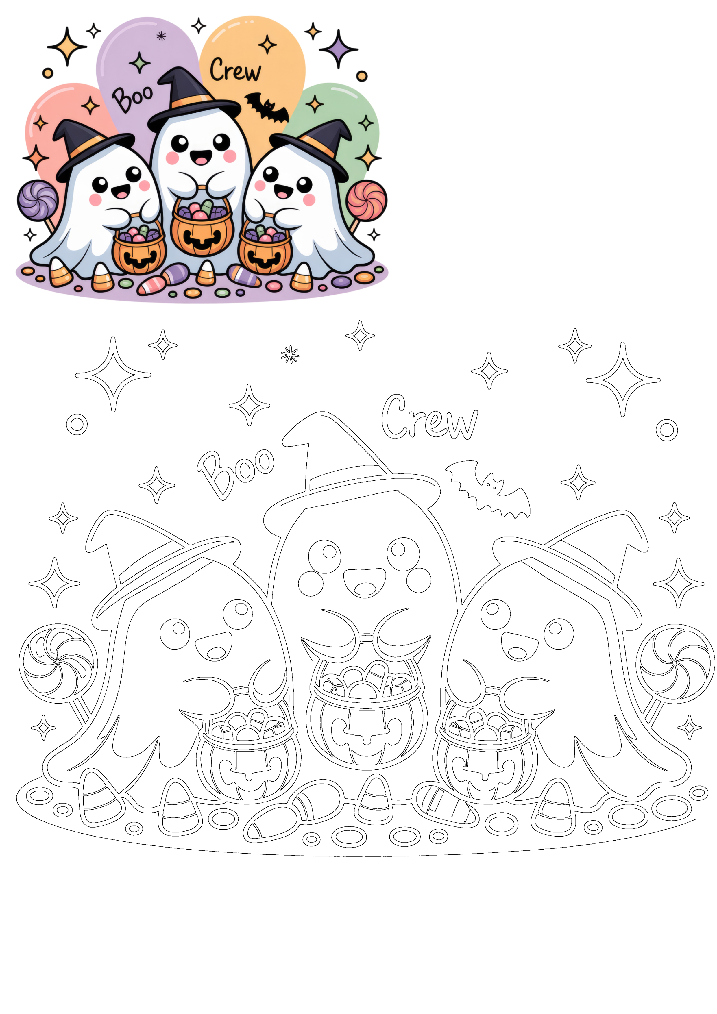 Adorable Halloween ghosts with witch hats, holding pumpkin baskets filled with candy. A sweet, spooky season illustration.