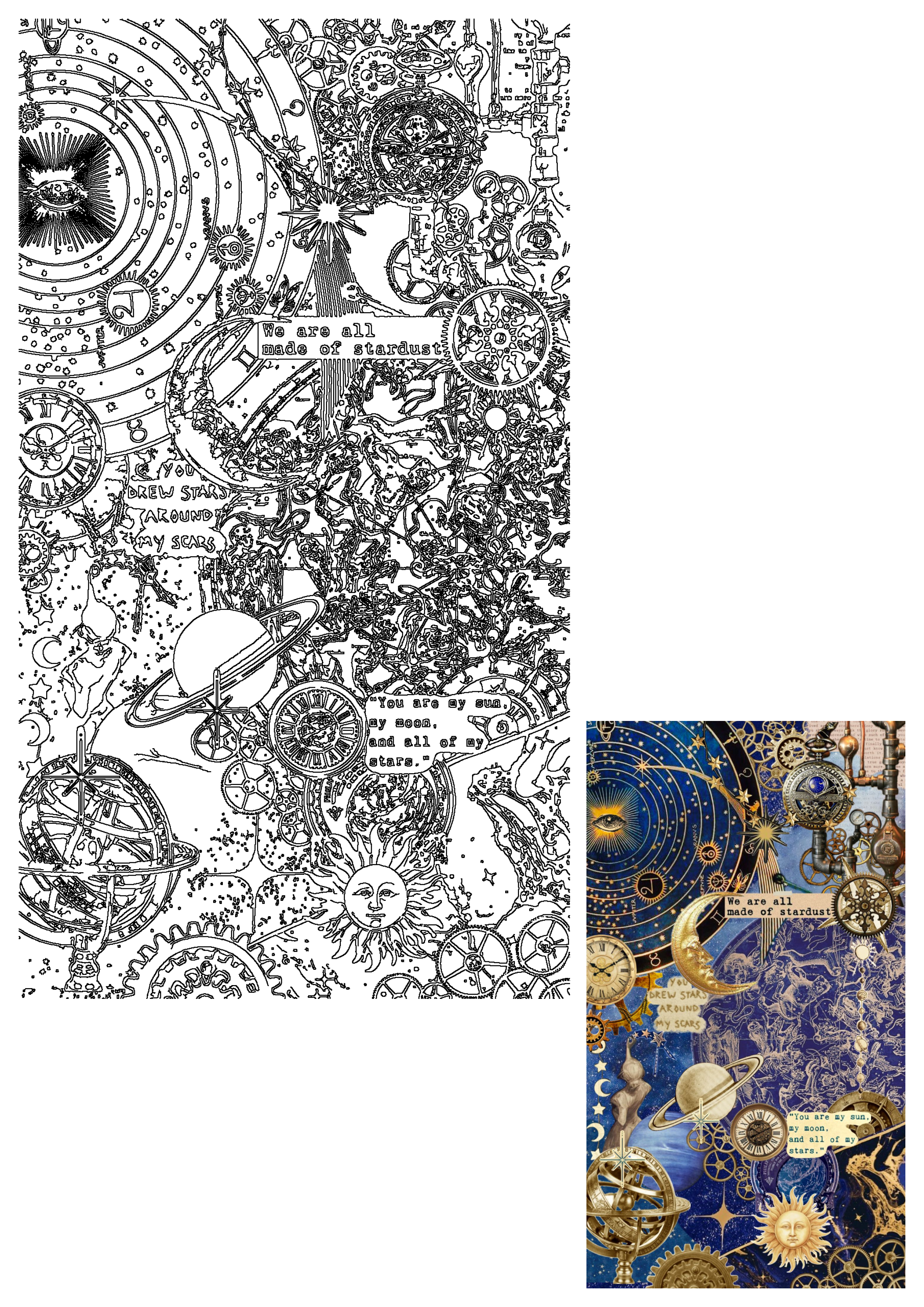 Intricate celestial and astrological line art wallpaper featuring planets, sun, moon, stars, astrolabe, and steampunk gears with cosmic quotes.