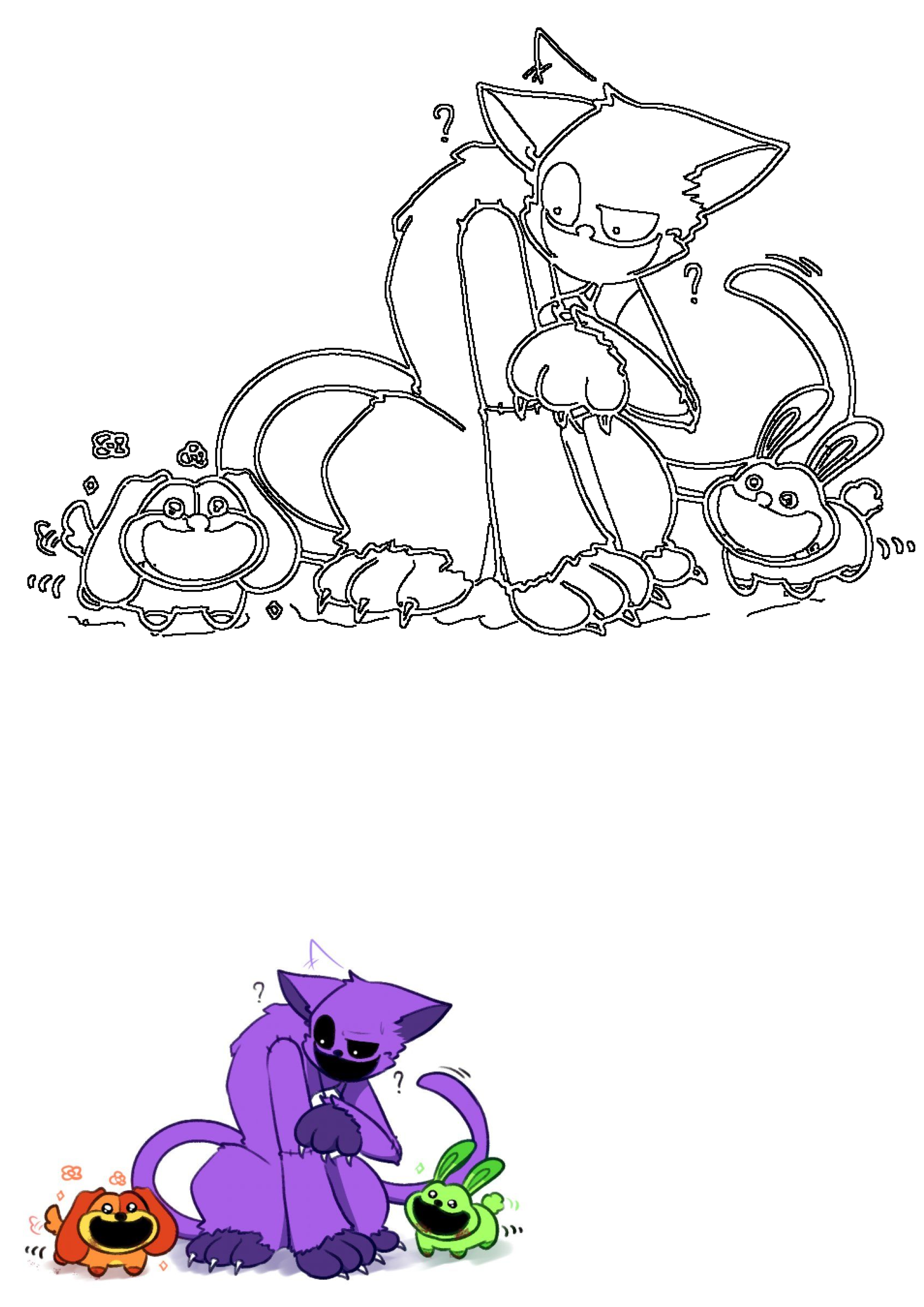 A playful cartoon image featuring a purple cat observing an orange dog and a green rabbit, all with charmingly curled tails.