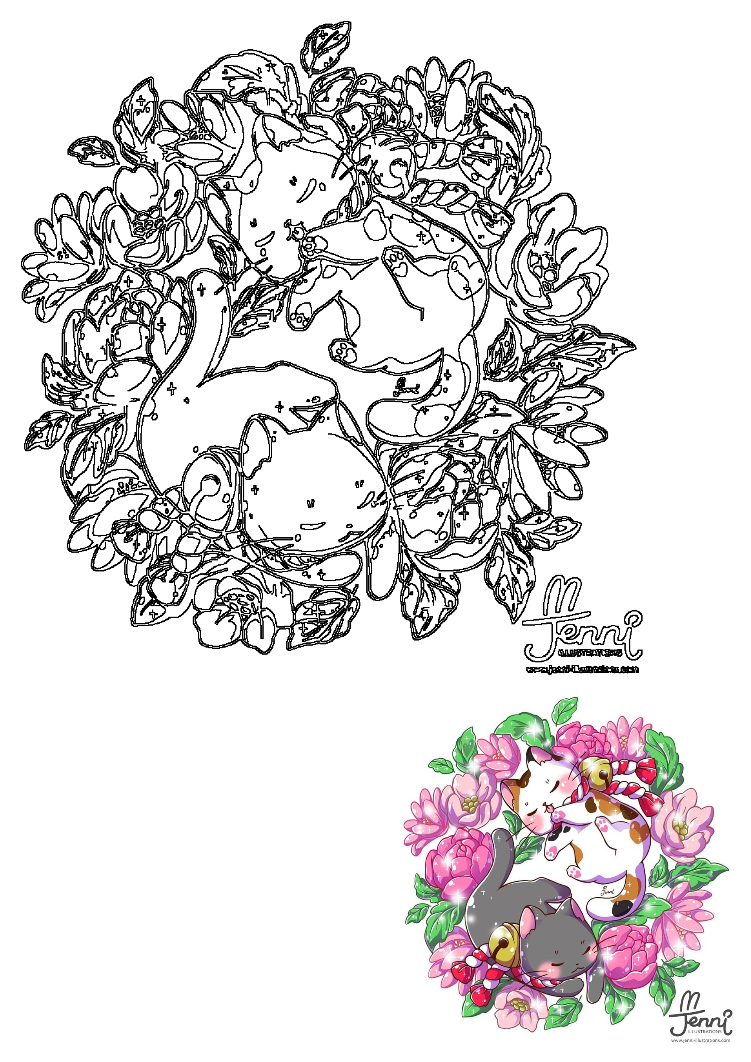 Three cute manga cats peacefully sleeping in a colorful flower wreath, shown as both a vibrant illustration and a clean outline drawing.