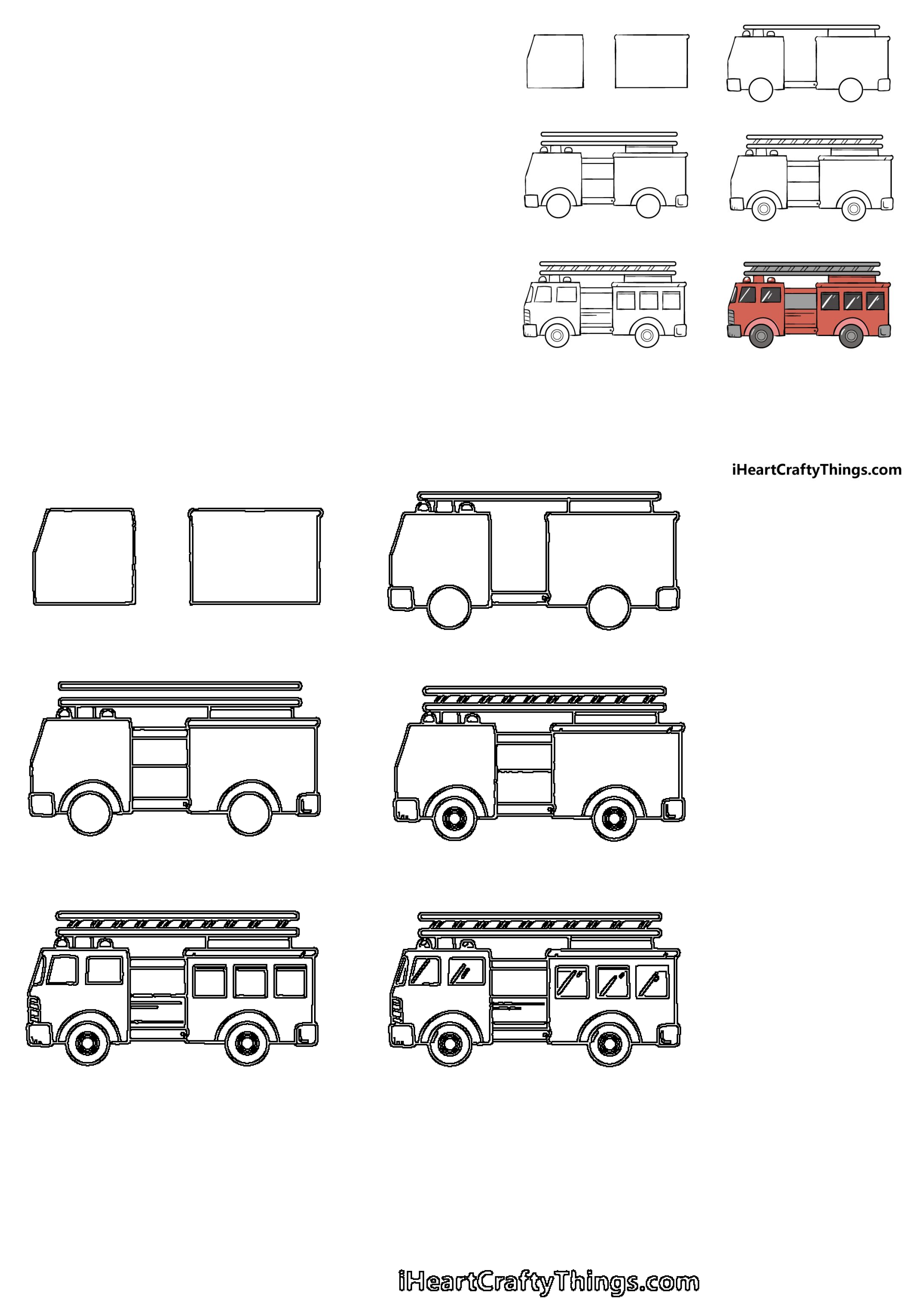 Learn how to draw various firetruck types with this simple step-by-step guide for kids. Features outlines and a colored example.
