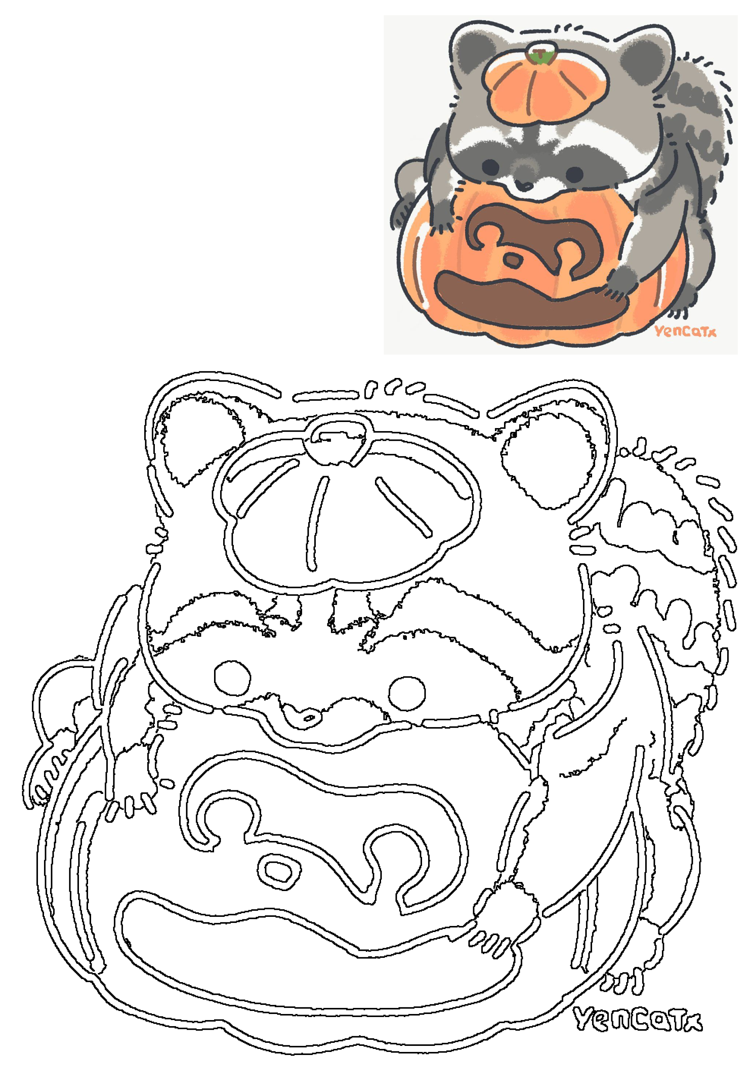 Cute cartoon raccoon with a pumpkin hat on a Halloween pumpkin. Includes a vibrant colored illustration and a black-and-white outline drawing.