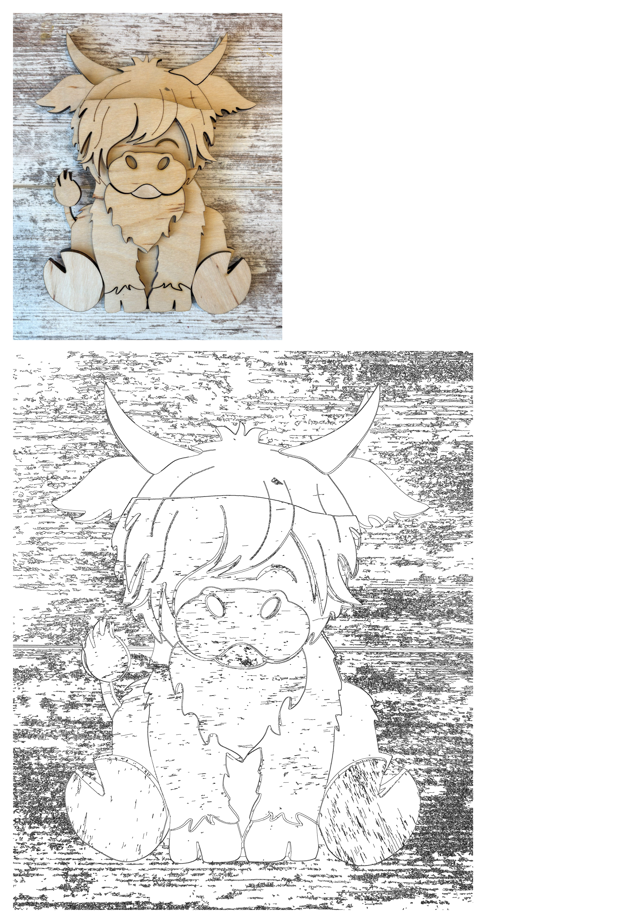 Highland Cow Diy Kit Wood Craft Yard Art. Unpainted, layered wooden highland cow for DIY projects and decoration.