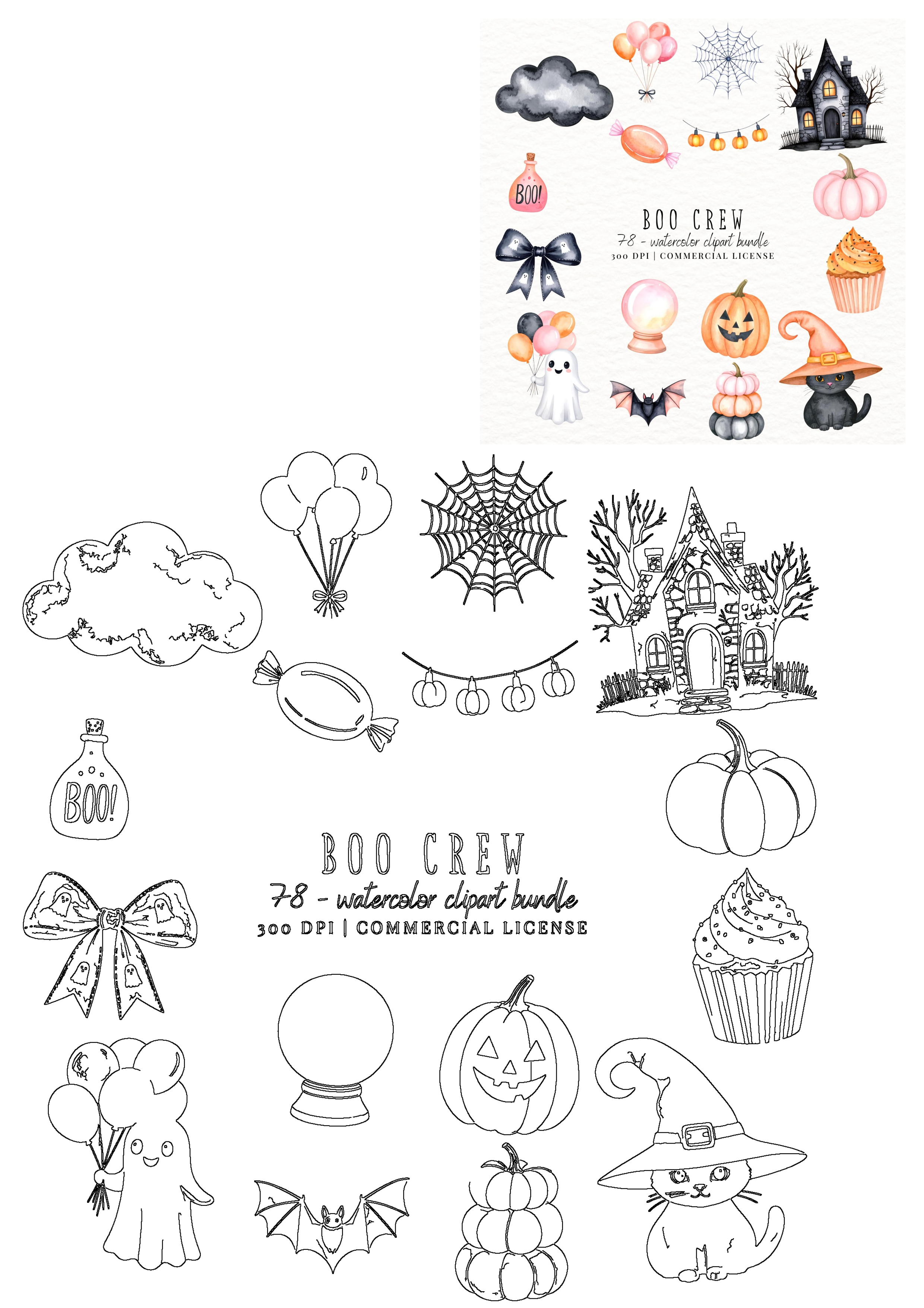 Watercolor Halloween 'Boo Crew' clipart bundle with pumpkins, bats, ghosts, witch cat, haunted house, plus matching line art outlines.