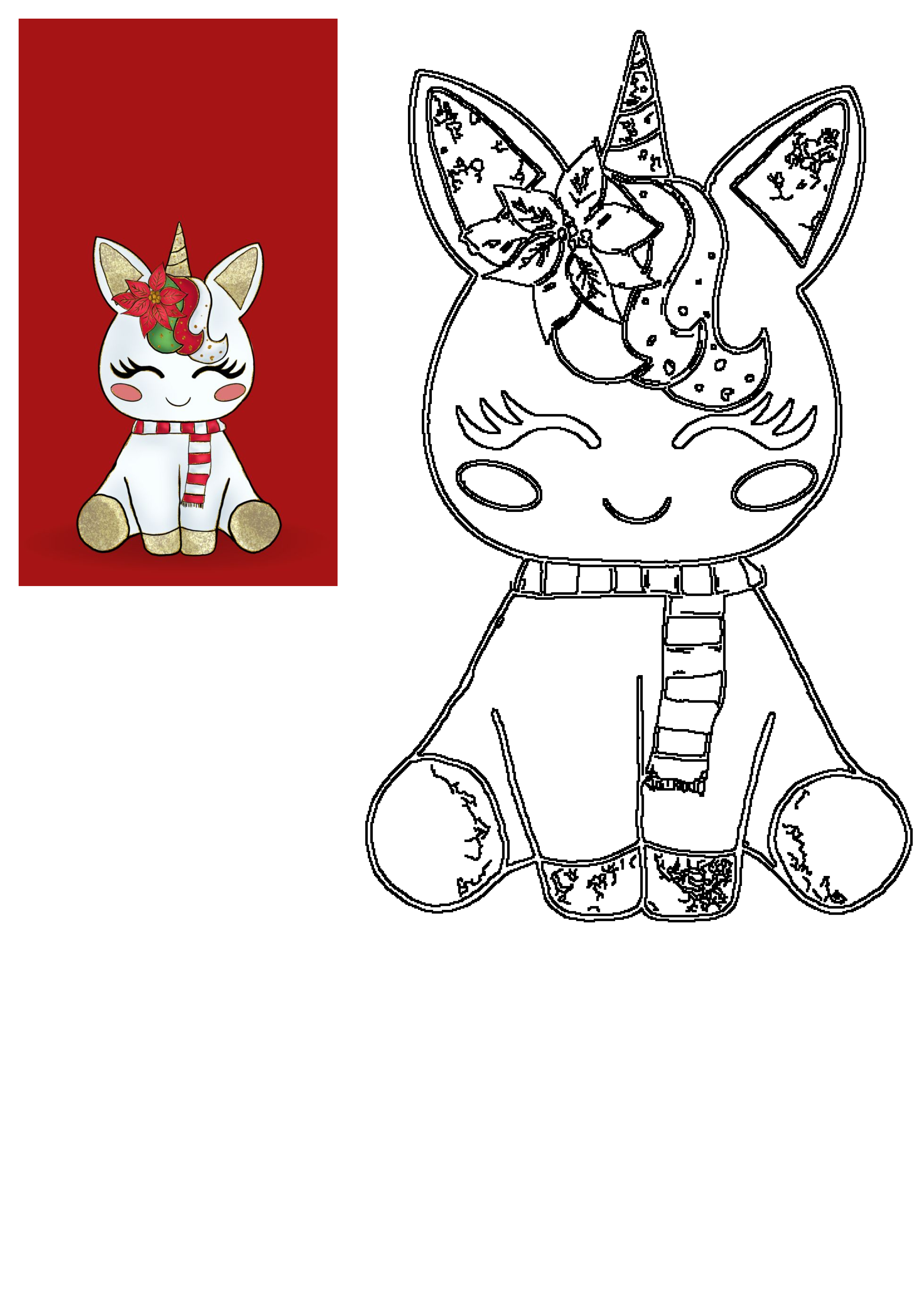 Adorable Christmas unicorn with golden accents, a festive poinsettia, and a red striped scarf, presented alongside its outline.