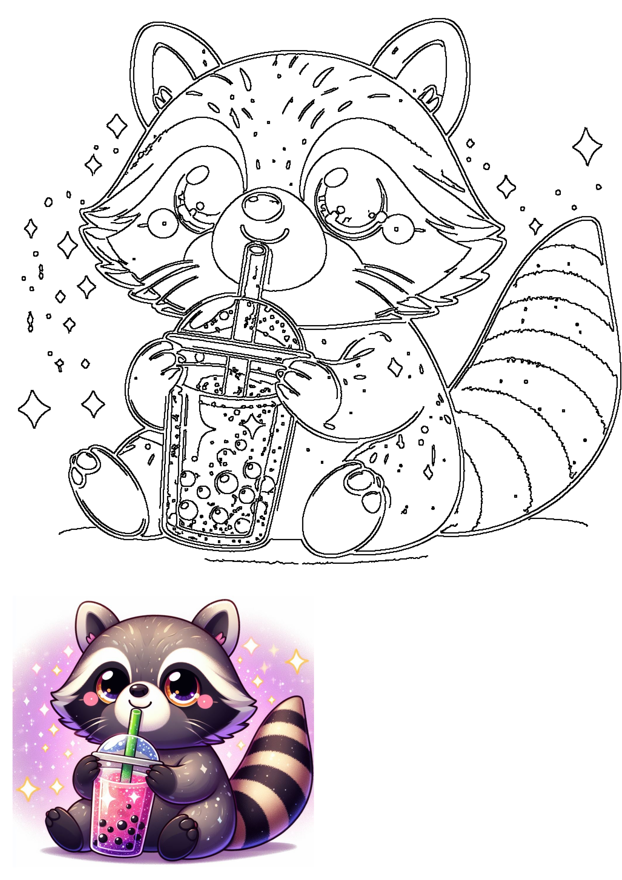 An adorable kawaii raccoon character happily sipping a refreshing bubble tea, complete with sparkling details.
