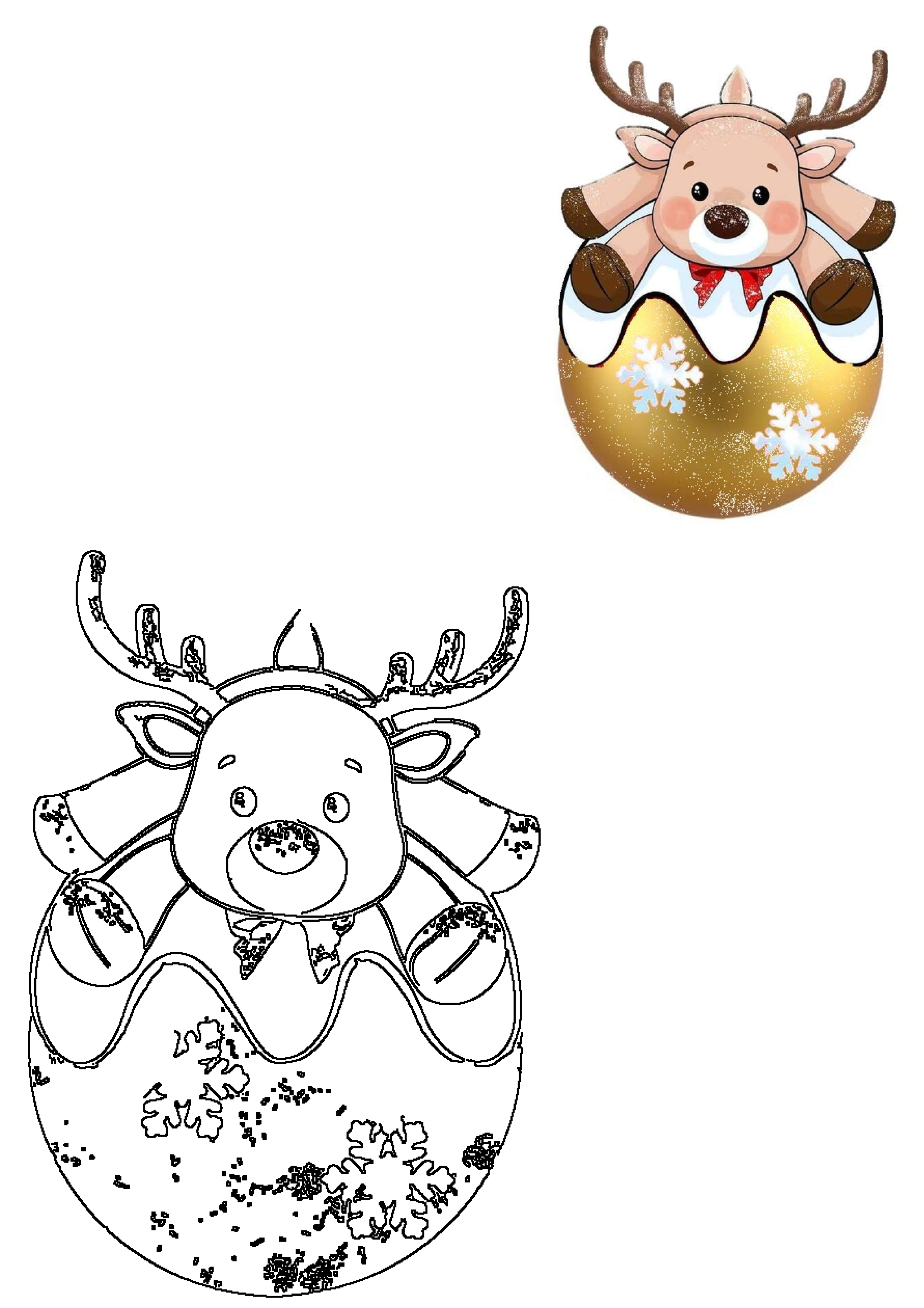 Cute reindeer in a golden Christmas ornament with snowflakes, next to its line art outline. Ideal for holiday crafts and fun activities.