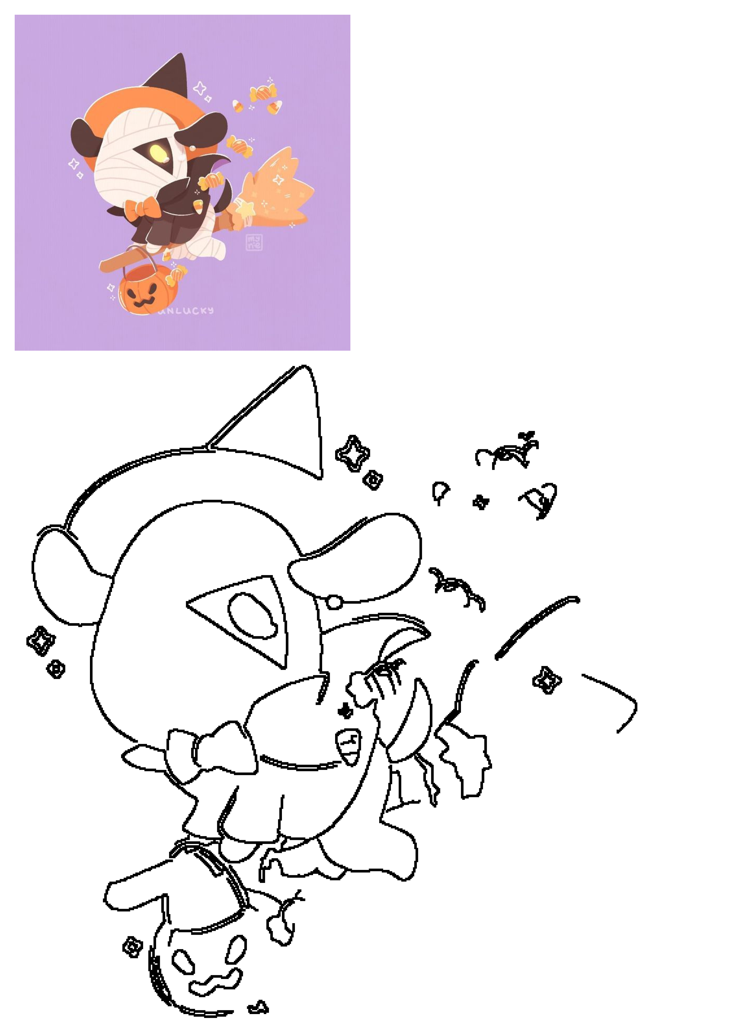 Cute Animal Crossing ACNH Halloween fan art of a mummy villager wearing a witch hat, holding a broom, and a pumpkin bucket with candy.