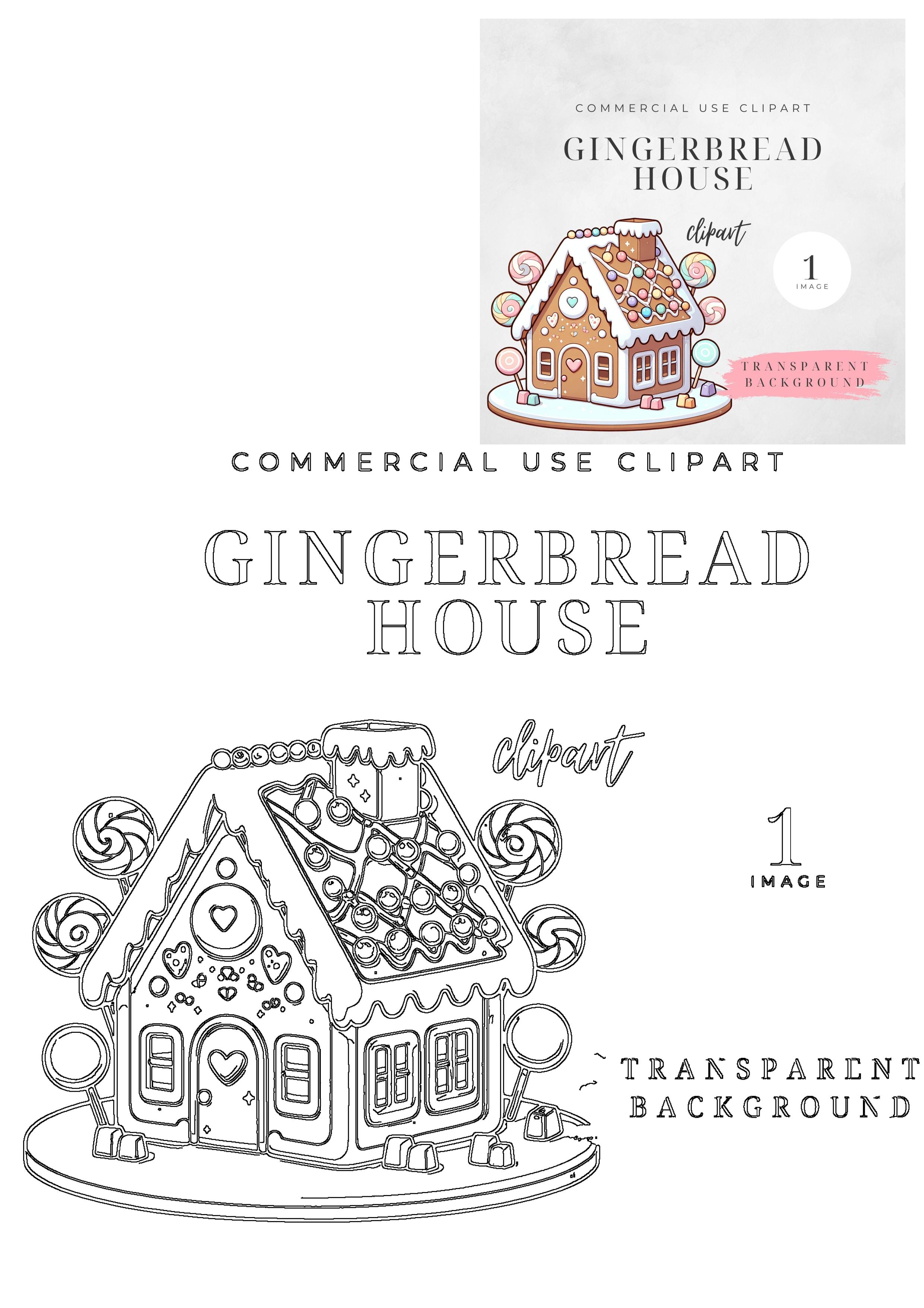 Commercial use gingerbread house clipart featuring a festive decorated version and a line art outline, perfect for holiday designs with a transparent background.