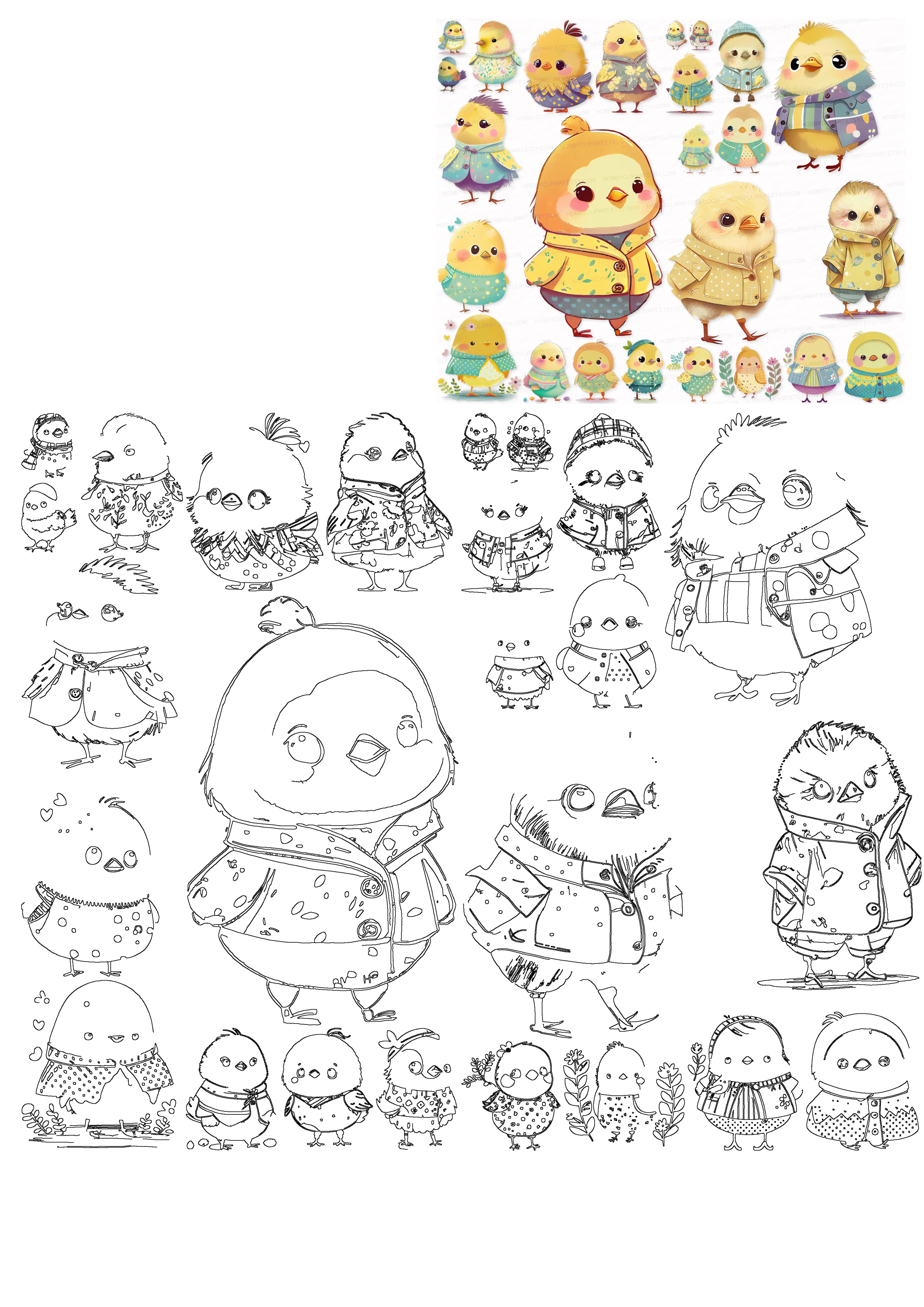 A charming digital bundle of cute baby chicks, featuring vibrant colored clipart and matching black-and-white outline illustrations, perfect for creative projects.