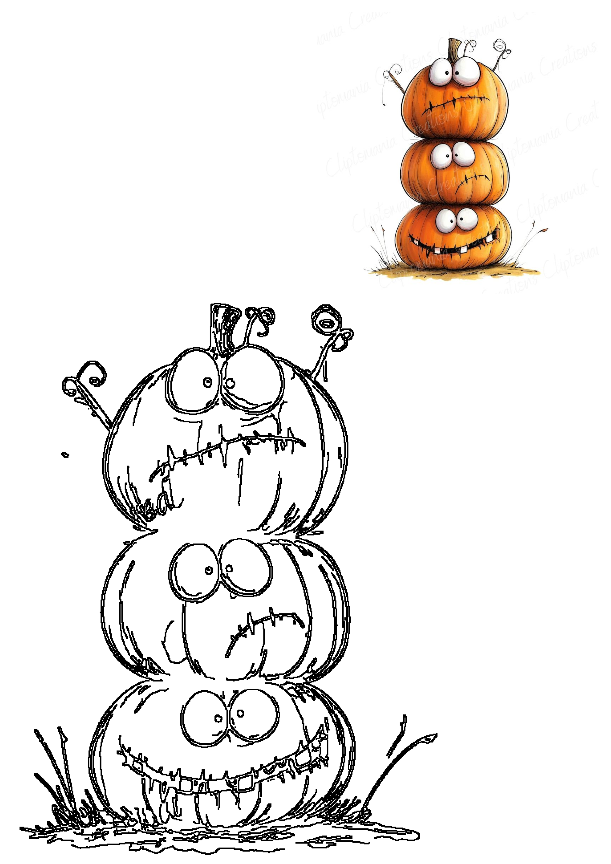 Stacked Halloween Pumpkins Cartoon Funny Faces vibrant artwork showing three expressive pumpkins and a black and white outline.