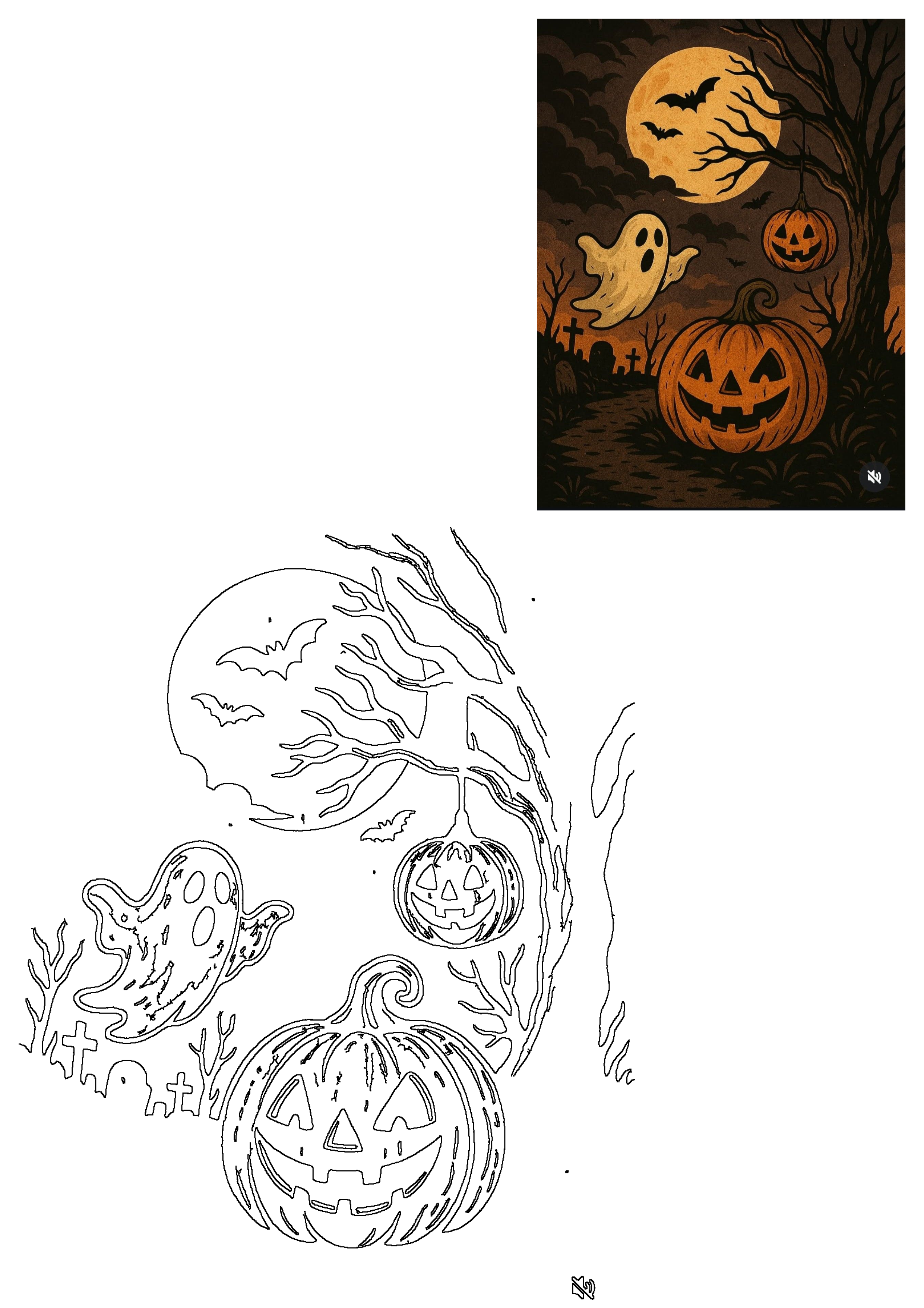 Spooky Halloween scene with grinning pumpkins, a flying ghost, and bats around a bare tree under a full moon in a graveyard.