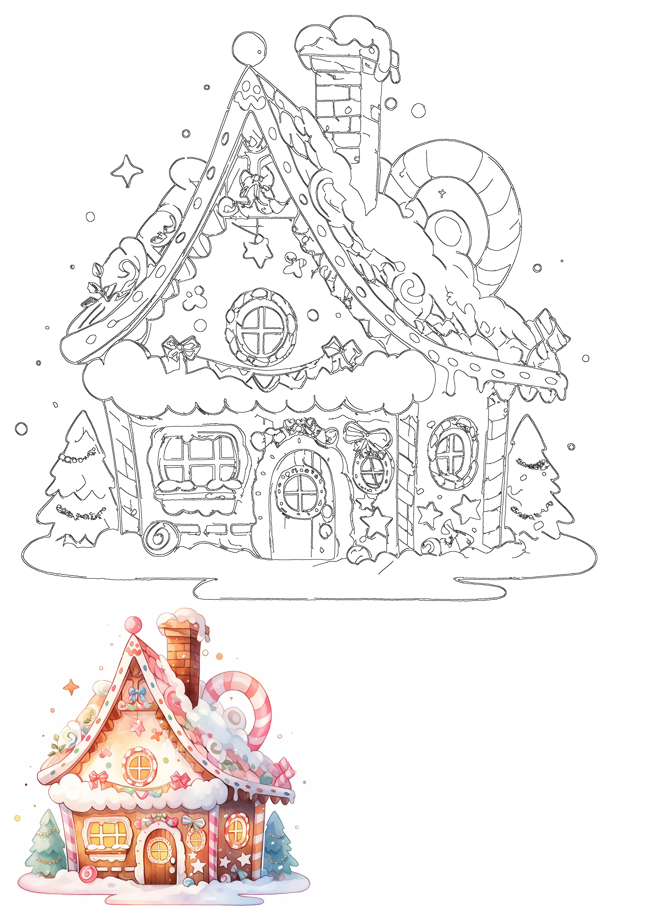 Whimsical gingerbread house design with detailed outline art and vibrant watercolor illustration, adorned with candy, snow, and festive decor.