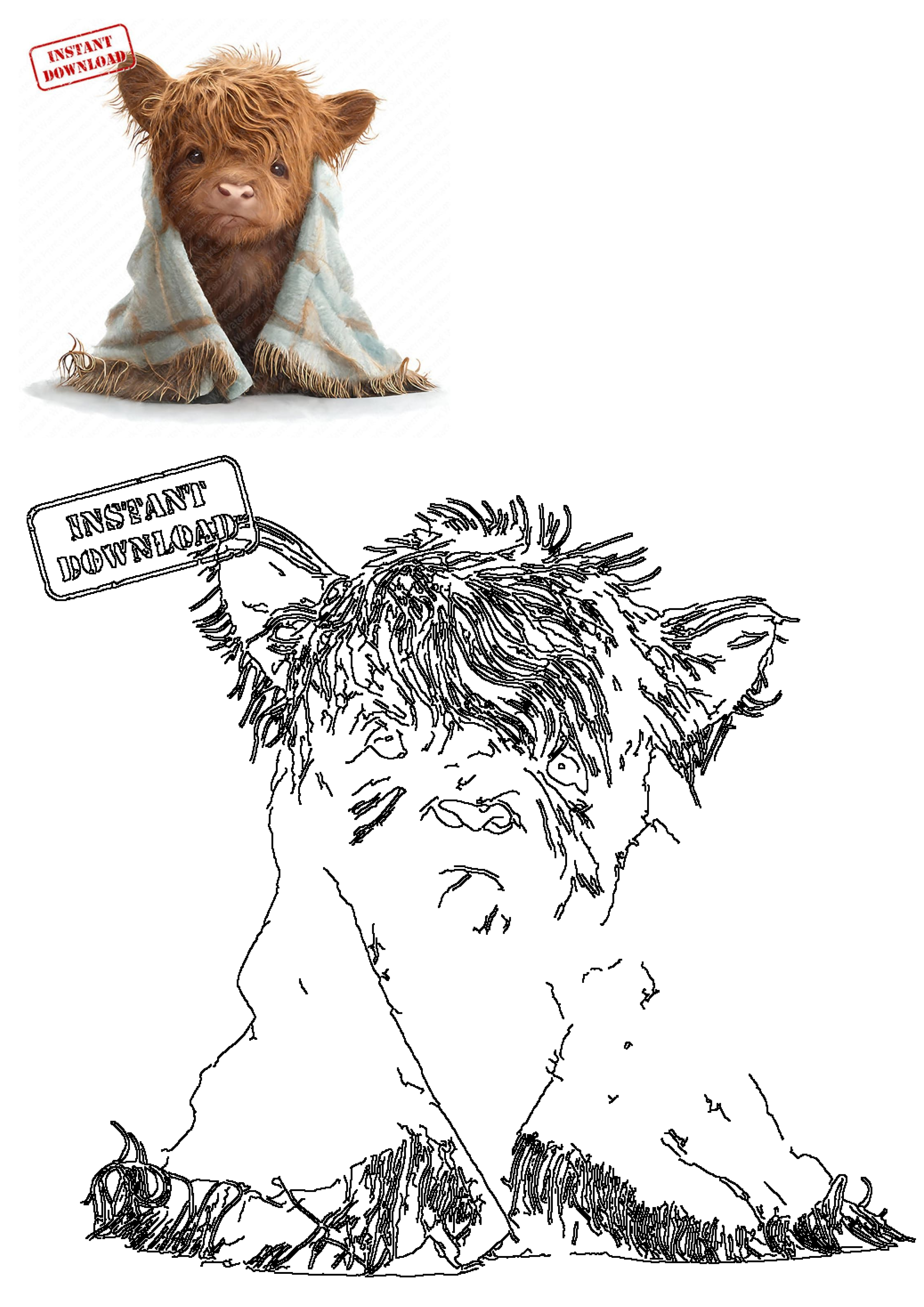 Cute fluffy baby Highland cow wrapped in a plaid blanket, an ideal digital download for nursery art and printable decor.