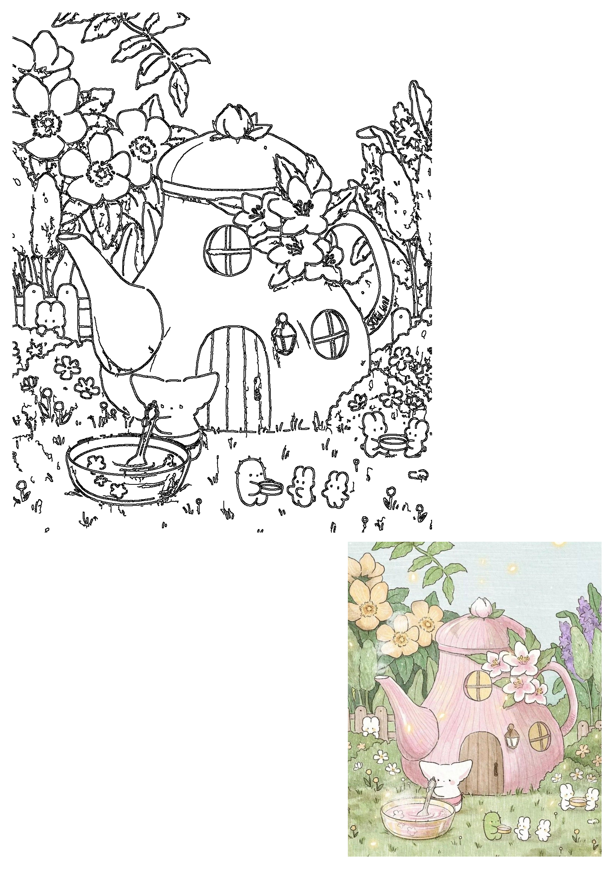 A delightful line art illustration of a whimsical teapot house nestled in a garden full of flowers, surrounded by cute bunnies.