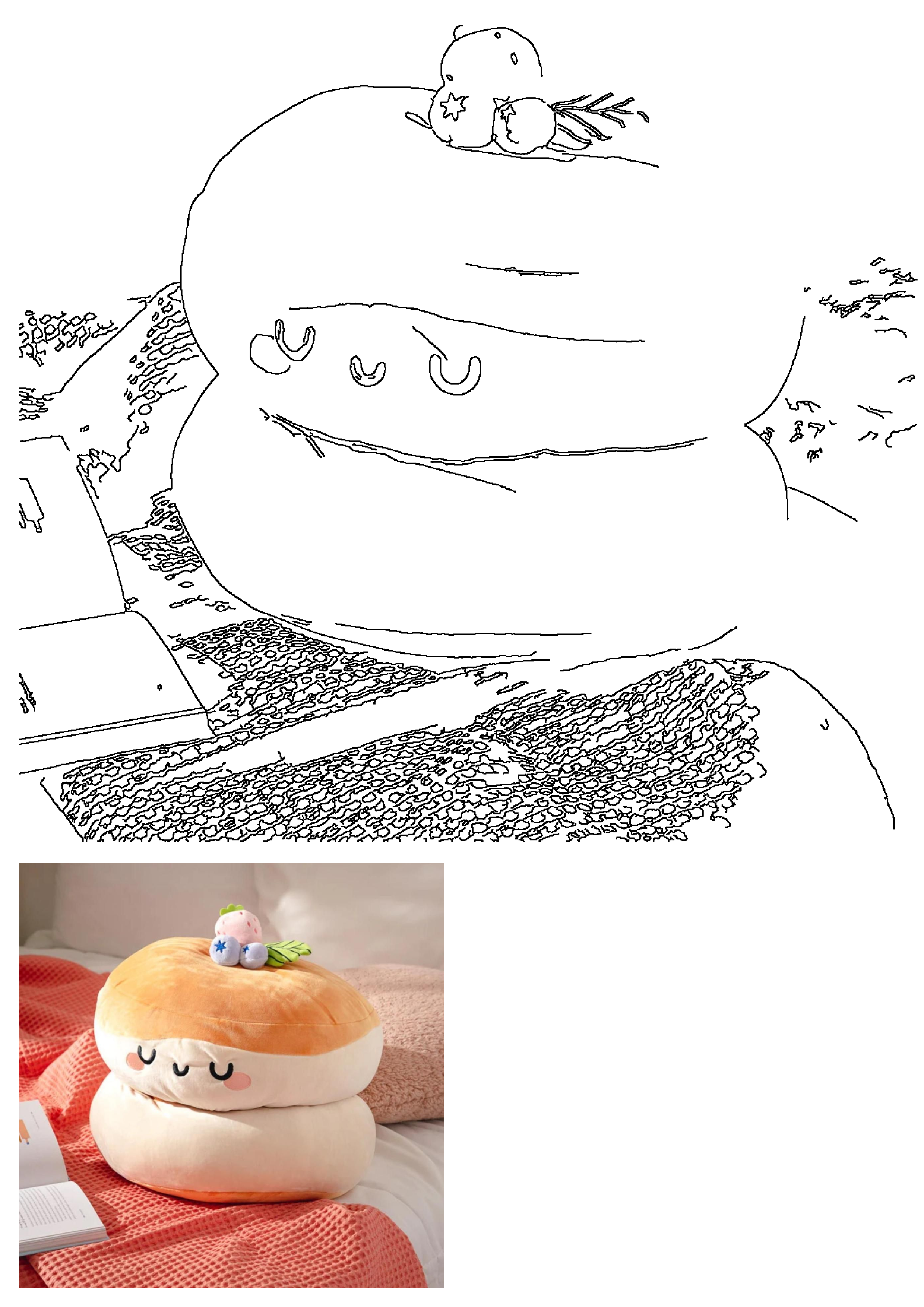 A cute, kawaii sushi-themed stuffed animal plushie with a happy face, topped with strawberry and blueberry, resting on a textured blanket.