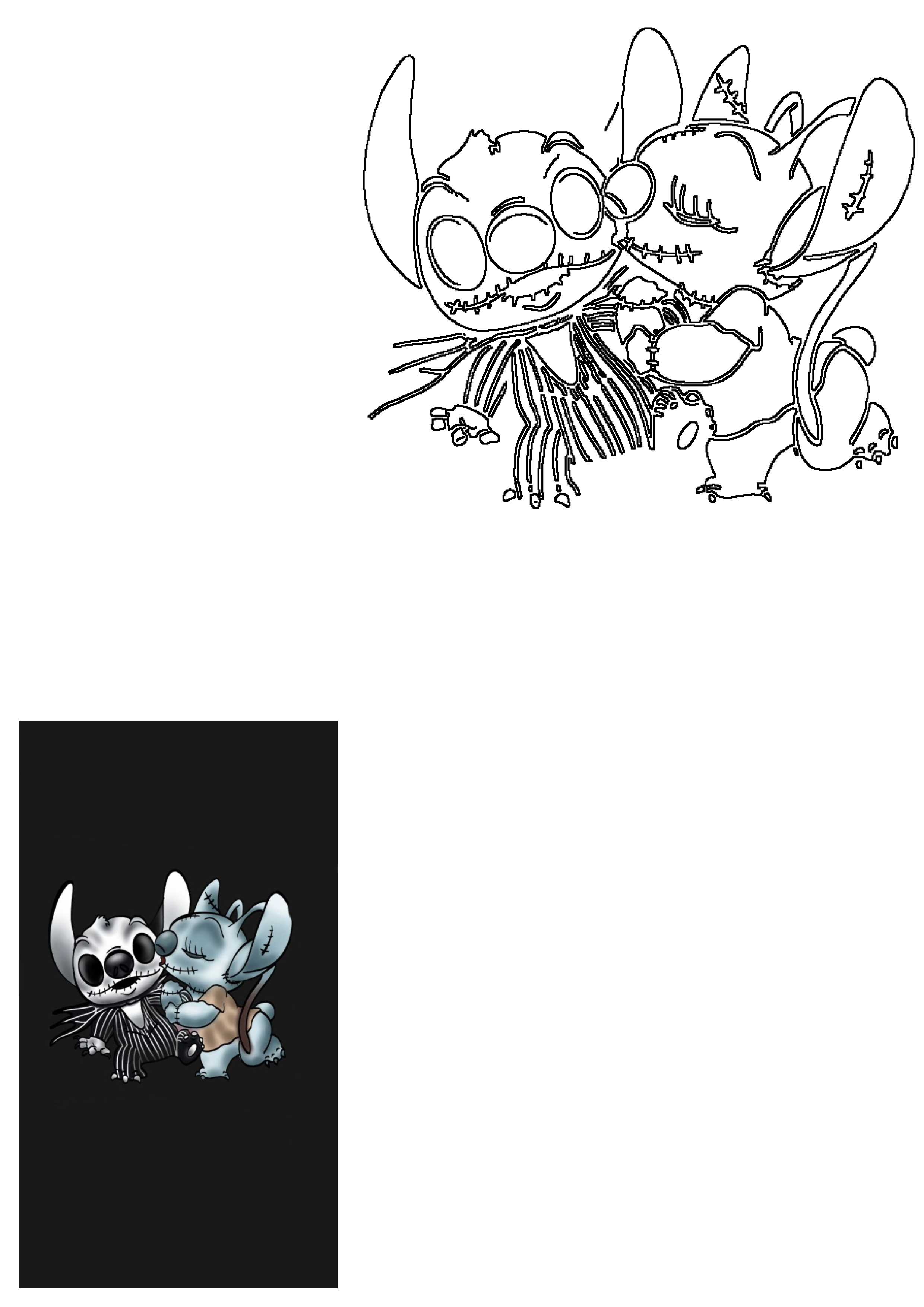 Disney's Stitch as Jack Skellington & Angel as Sally from Nightmare Before Christmas, sharing a romantic embrace. Includes line art & colored versions.