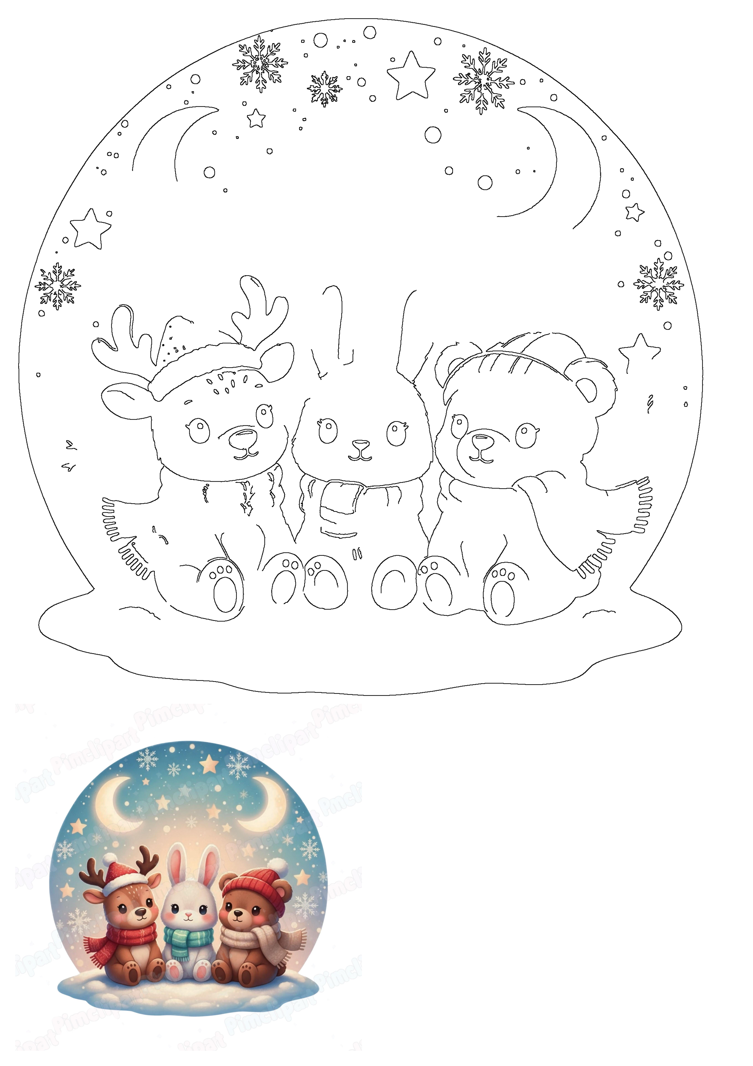 Outline of three cute winter animal friends: a reindeer, bunny, and bear in a snowy scene with moon, stars, and snowflakes.