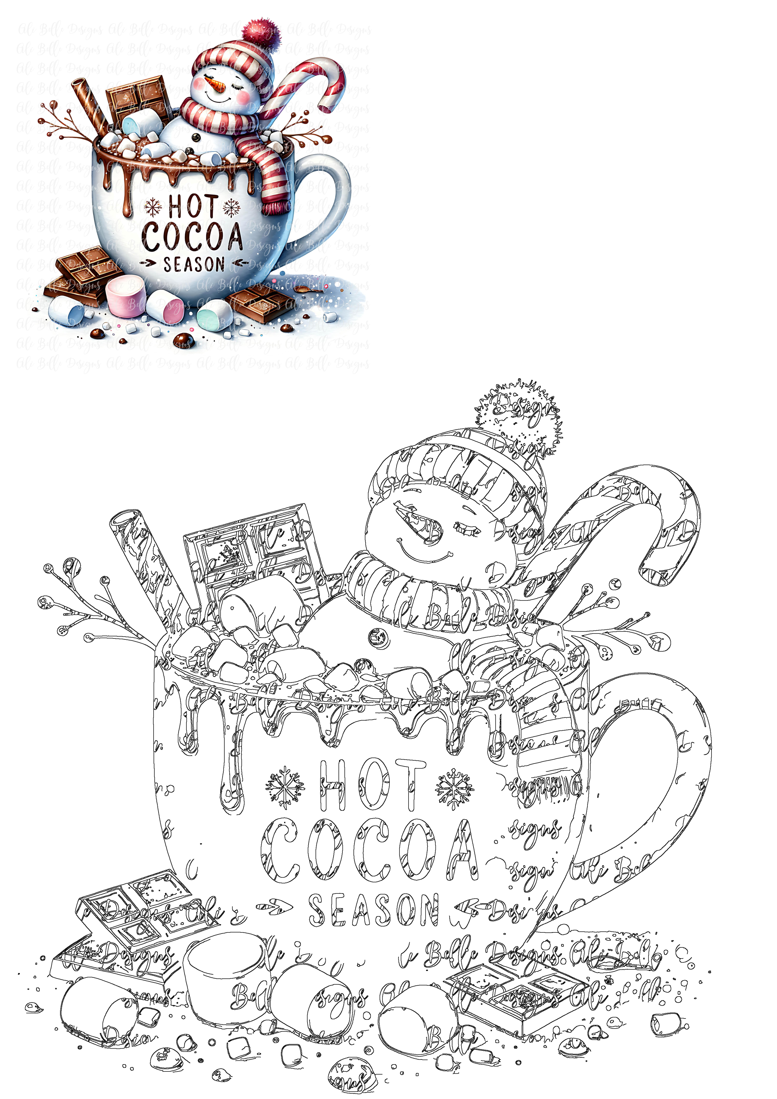 A festive snowman illustration nestled in a hot cocoa mug with marshmallows, chocolate, and a candy cane for winter holiday drinks.