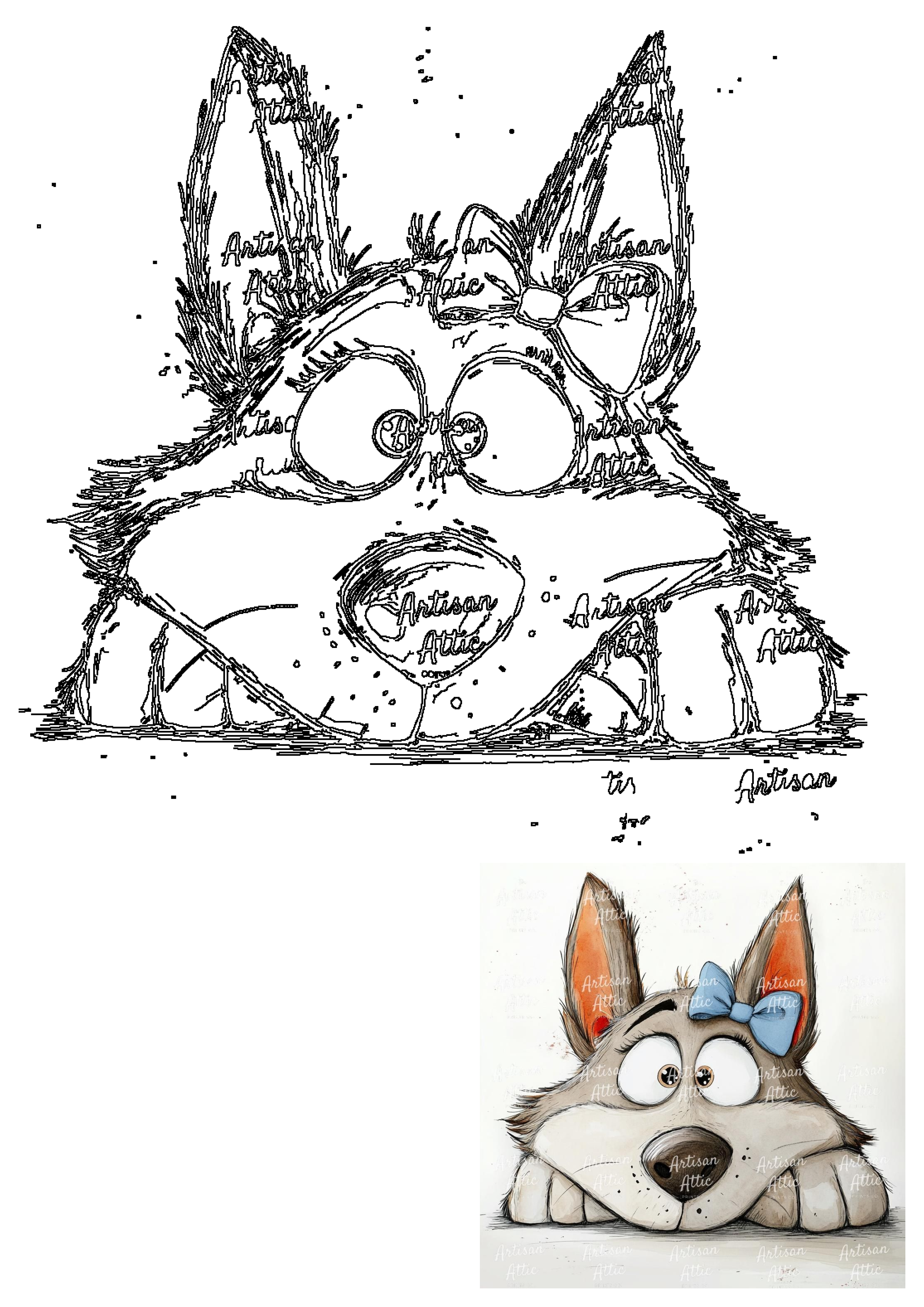 Adorable cartoon wolf outline drawing with a blue bow, peeking over its paws. Perfect for kids' products or digital art.