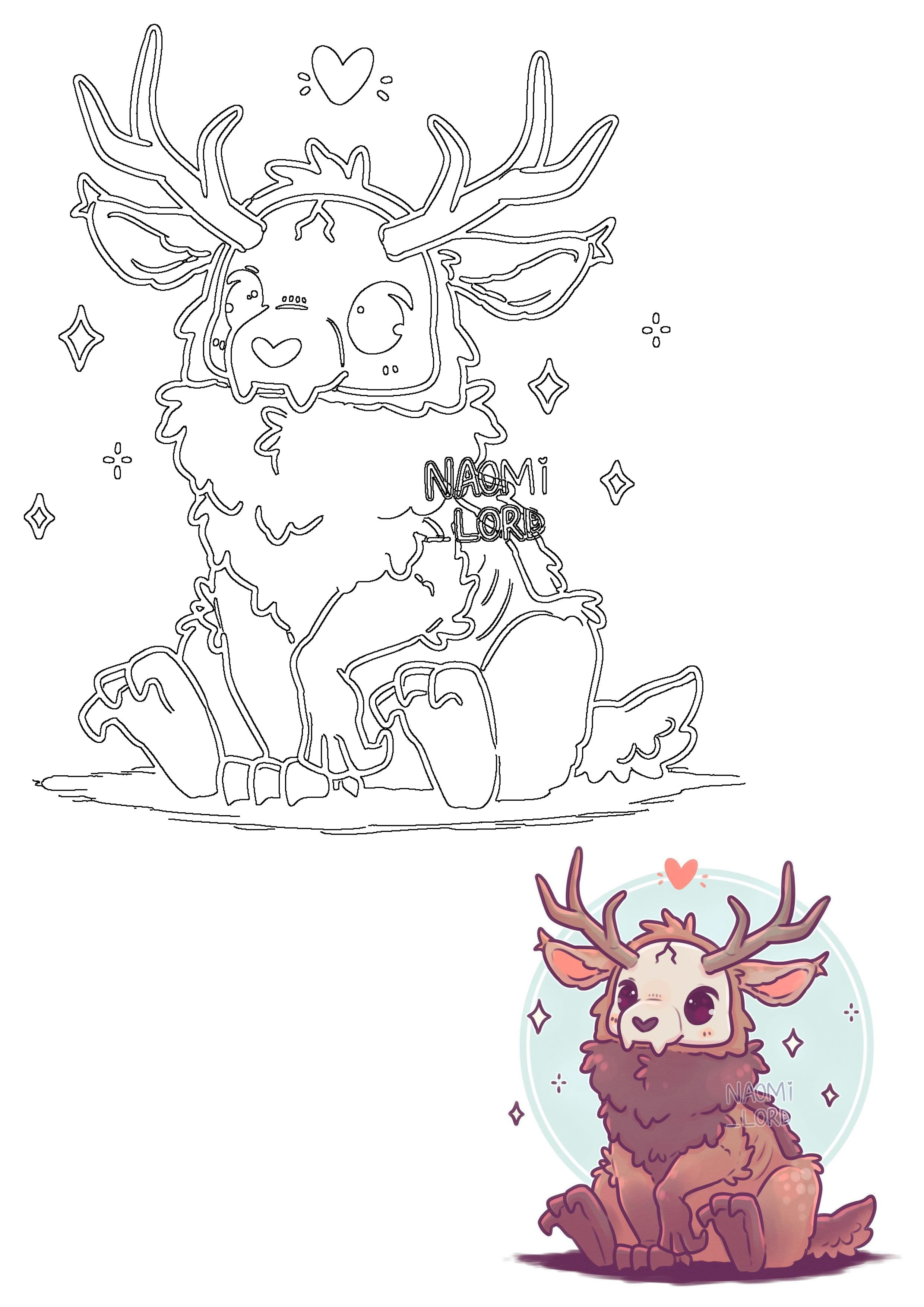 Cute, fluffy fantasy deer creature with large antlers in black and white outline art, plus a small colored version by Naomi Lord, sparkling.