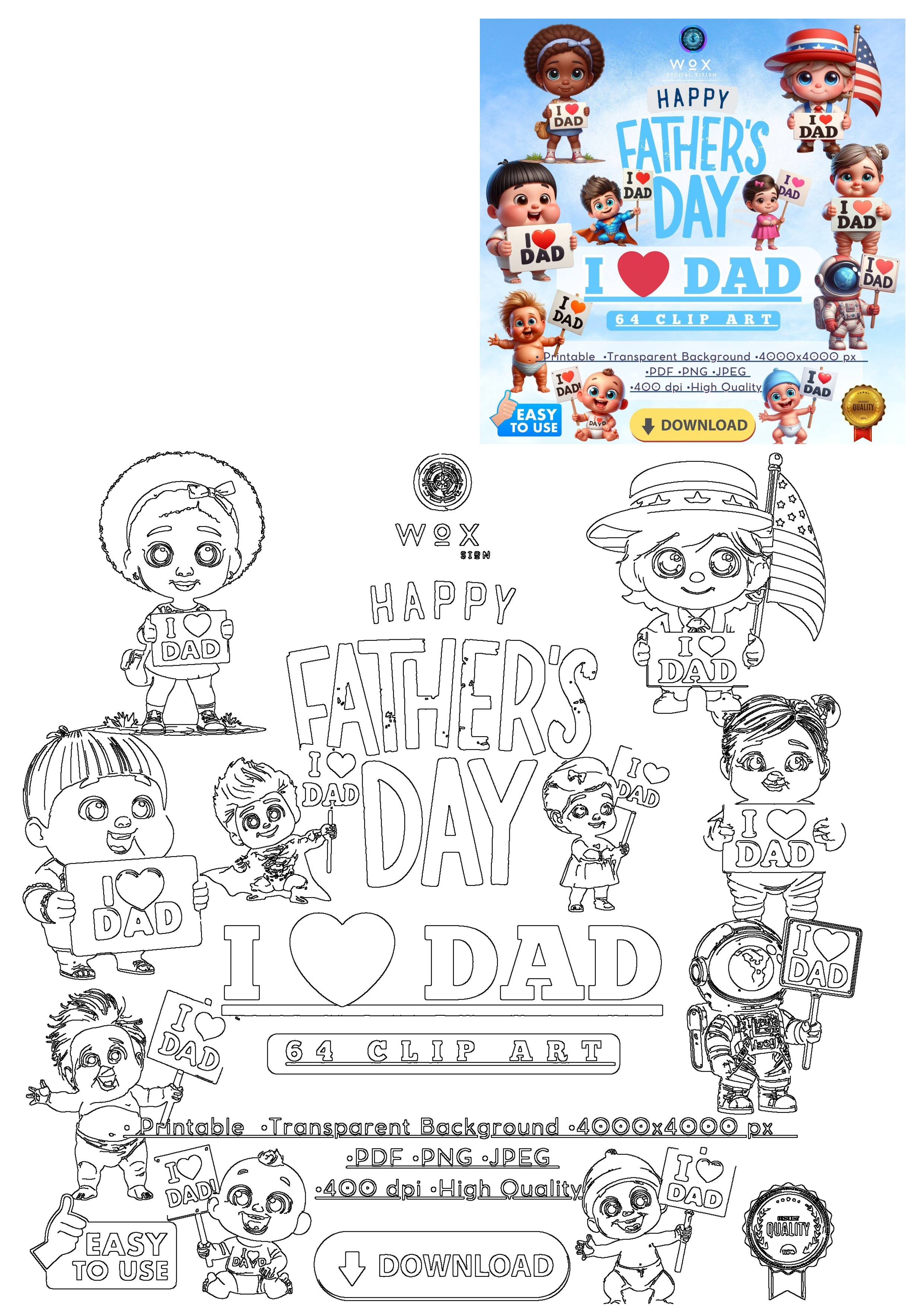 Digital Fathers Day I Love Dad clipart collection with cute, diverse baby and kid characters. Perfect for cards, crafts & more.