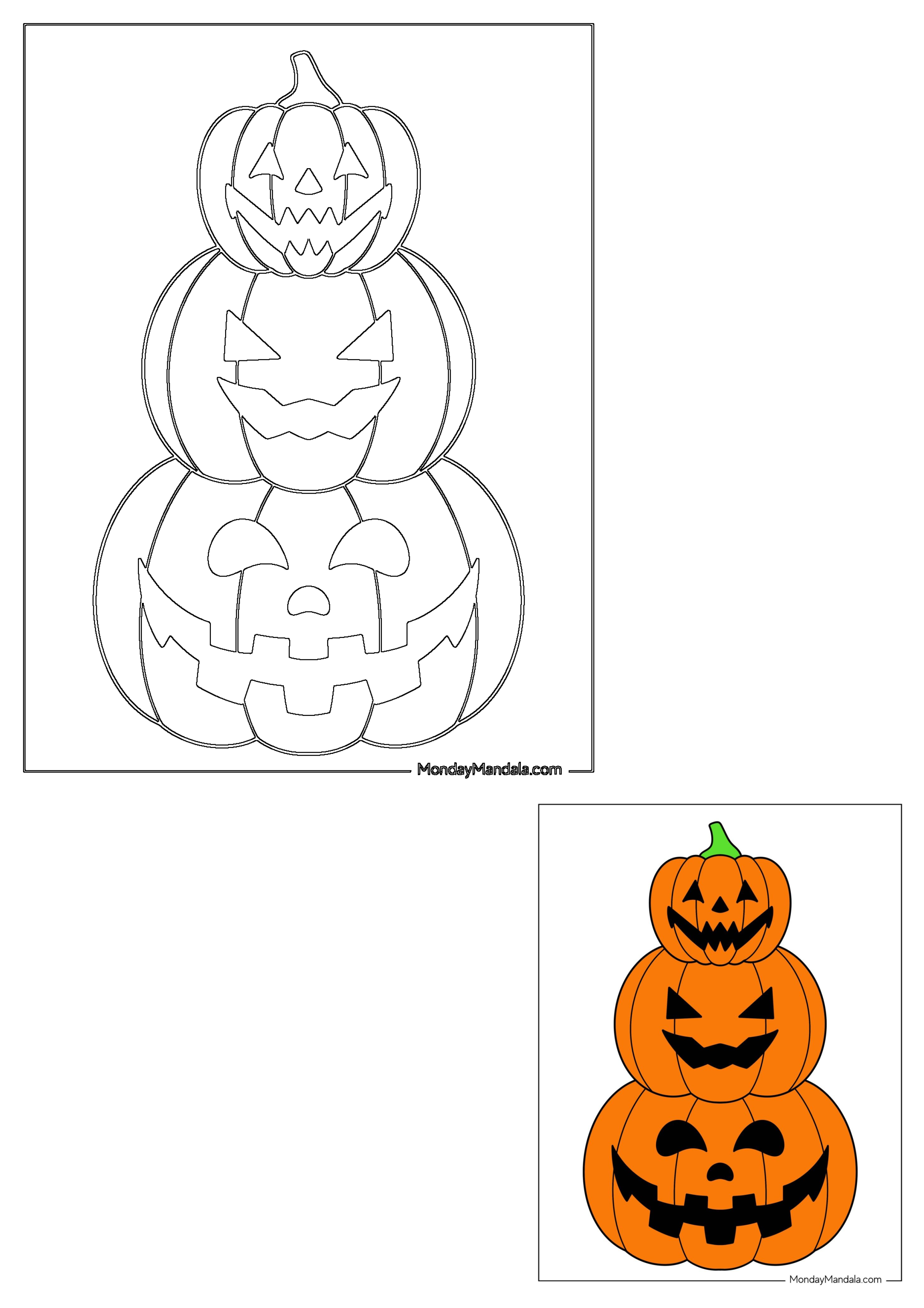 Stacked Halloween pumpkins jack o lanterns outline drawing, ready for coloring. Three spooky and smiling faces arranged vertically.