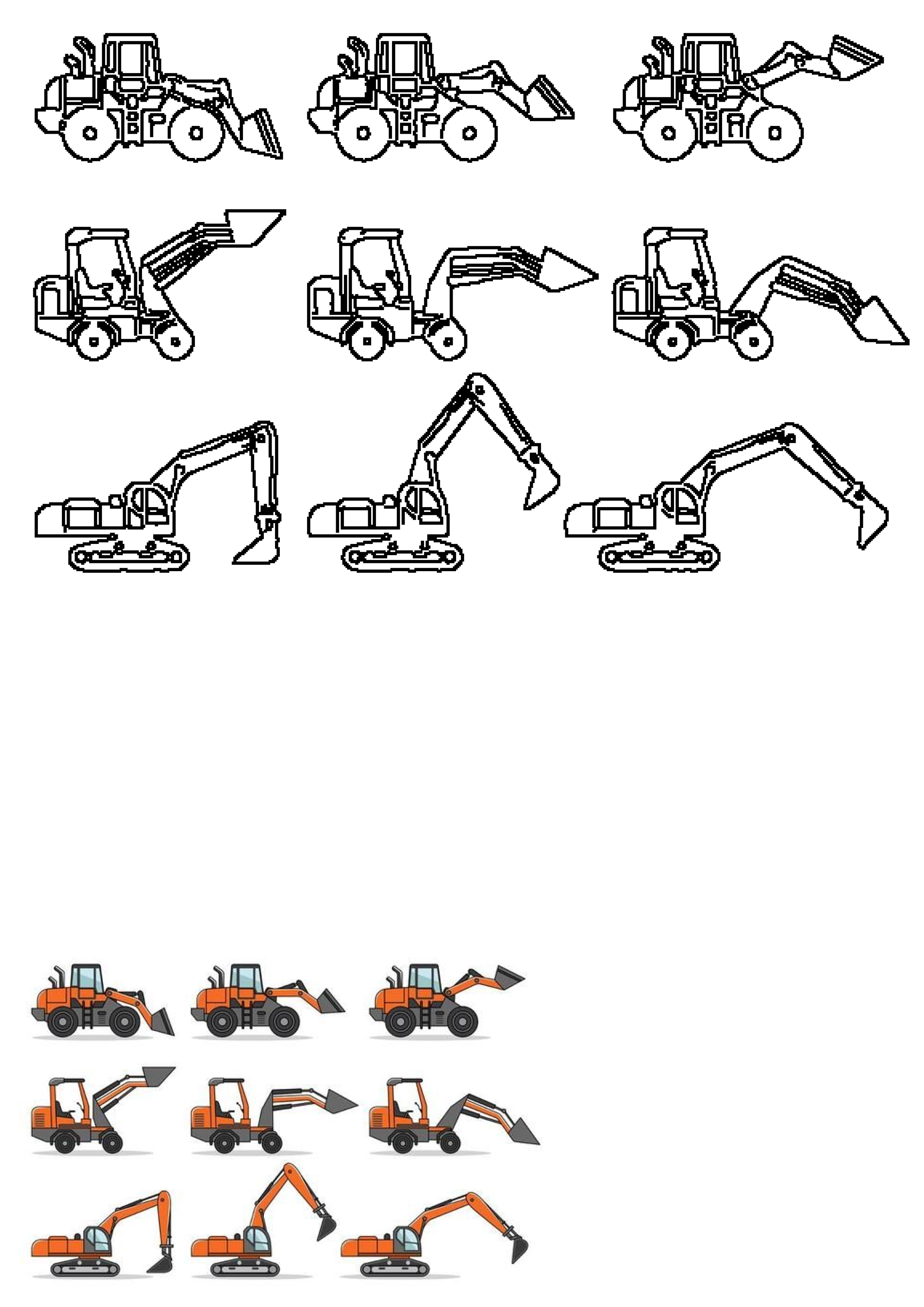 Collection of line art and orange construction vehicles: front loaders and excavators in various operational poses.