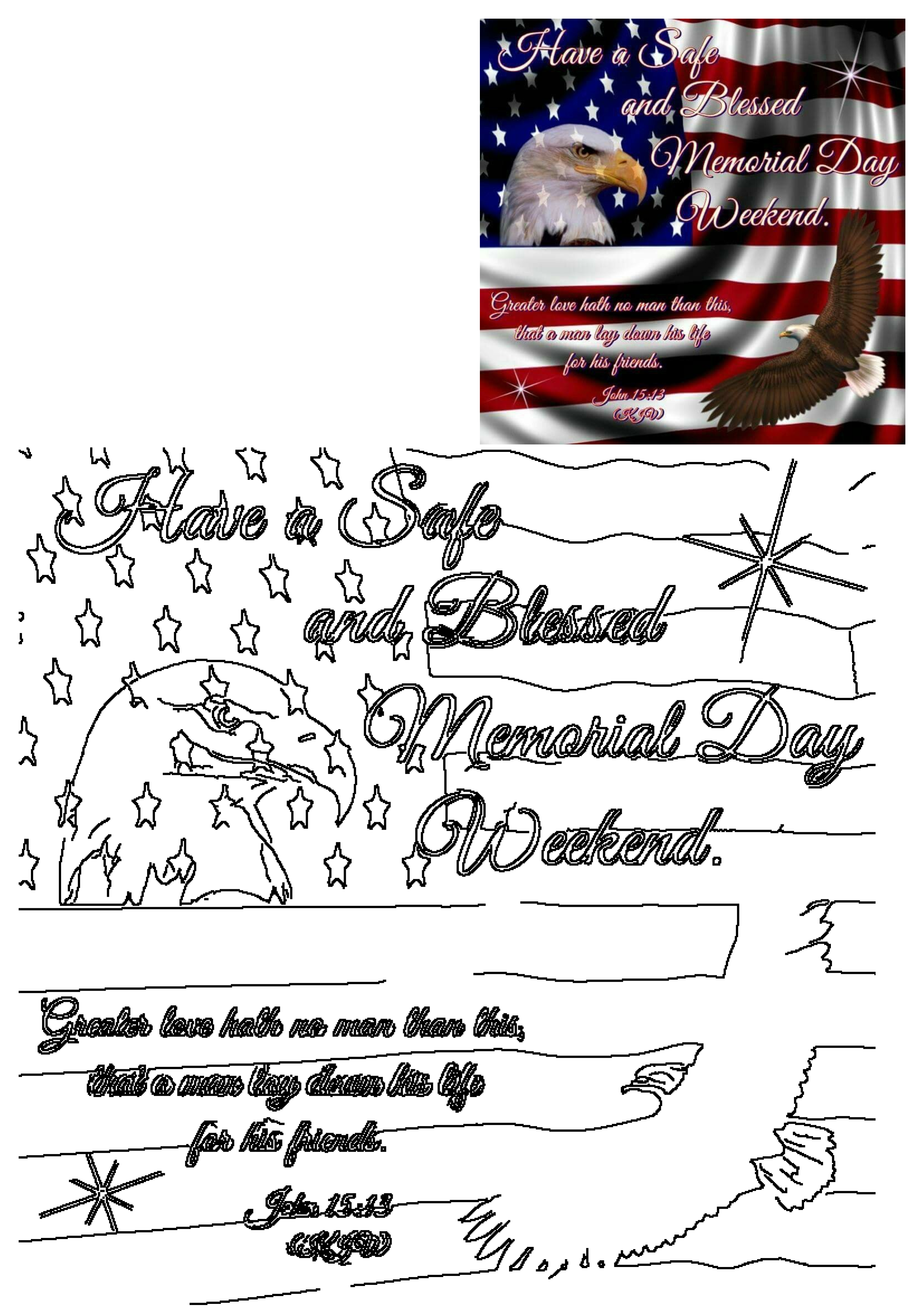 Memorial Day blessing with an American flag, bald eagles, and the John 15:13 scripture about greater love.