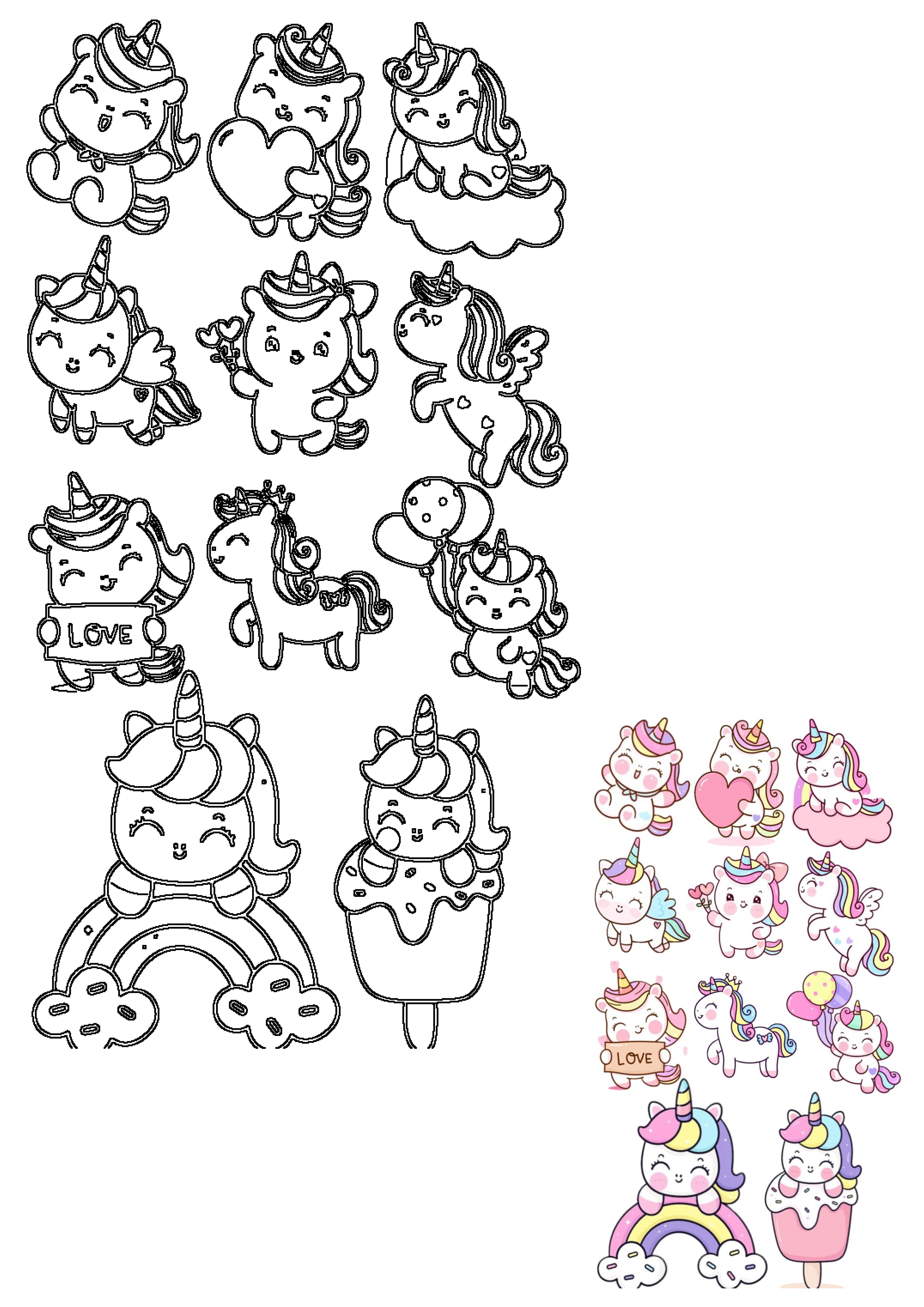 Set of adorable kawaii unicorn outlines in various poses: holding a heart, on a cloud, with wings, balloons, on a rainbow, and in an ice cream cone.