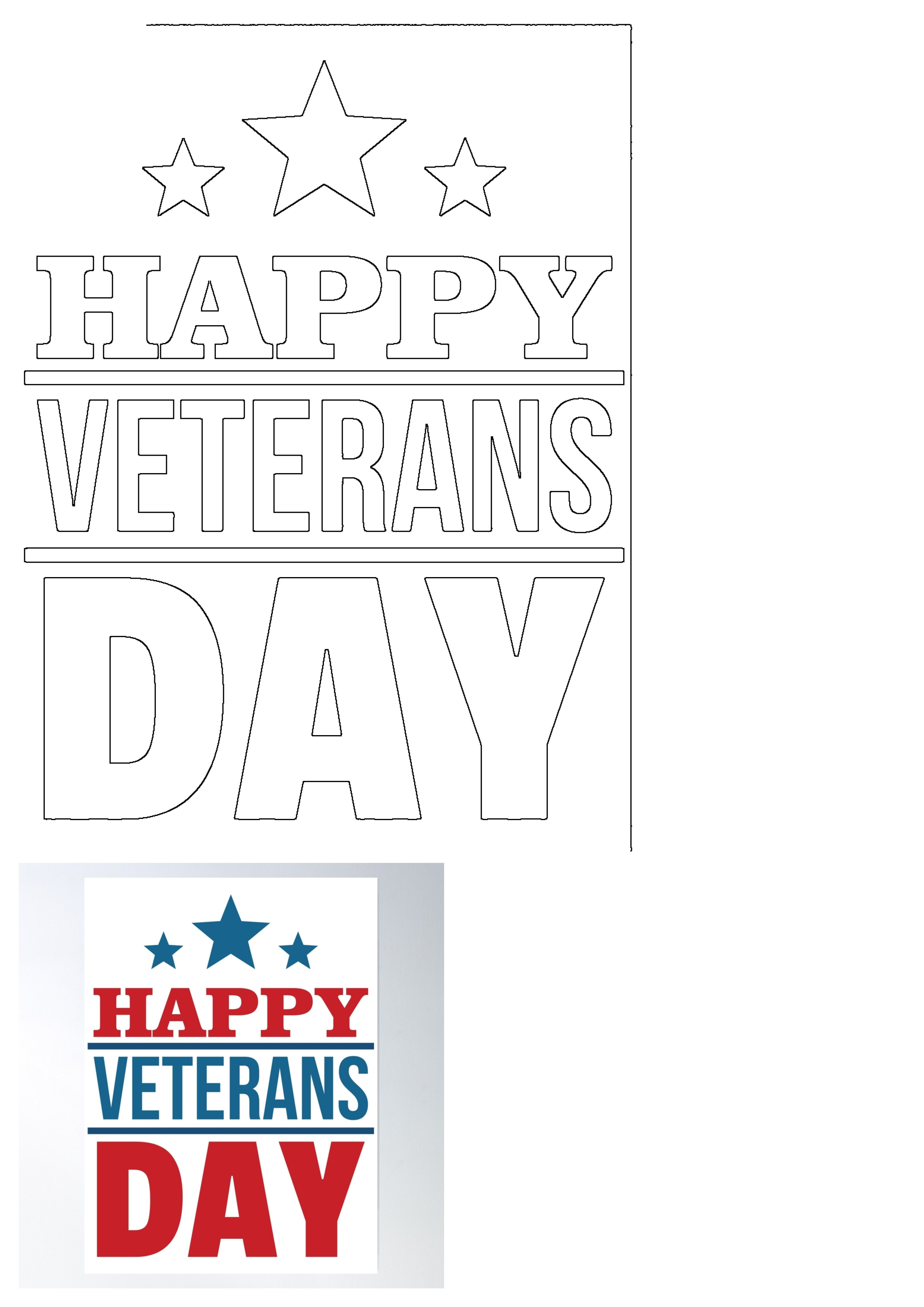 Happy Veterans Day graphic template with stars. Features both a black outline and a completed design in patriotic red and blue colors.