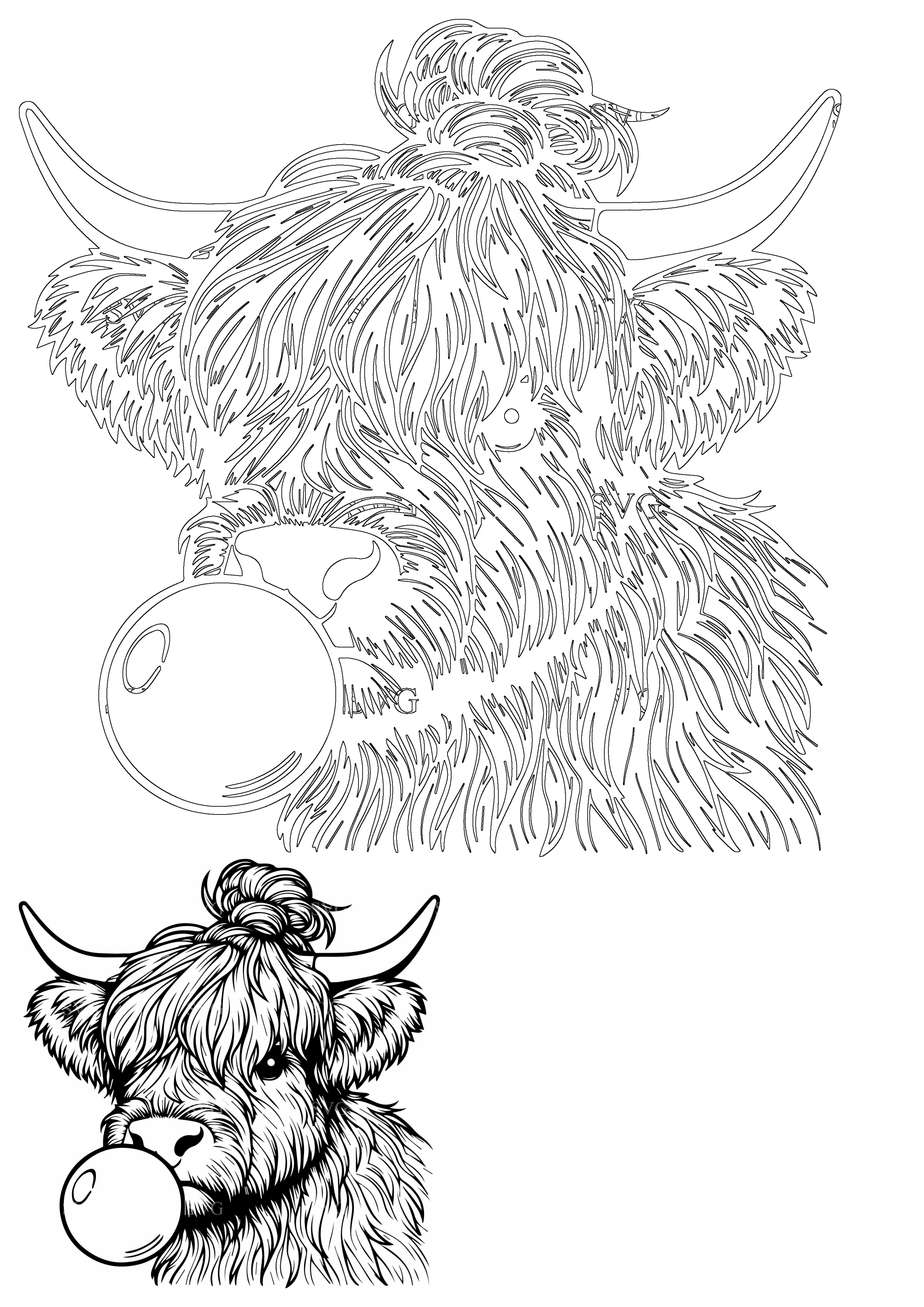 Cute Highland cow farm animal blowing bubblegum, presented as SVG line art. This shaggy cow clipart cut file features horns and a top bun.