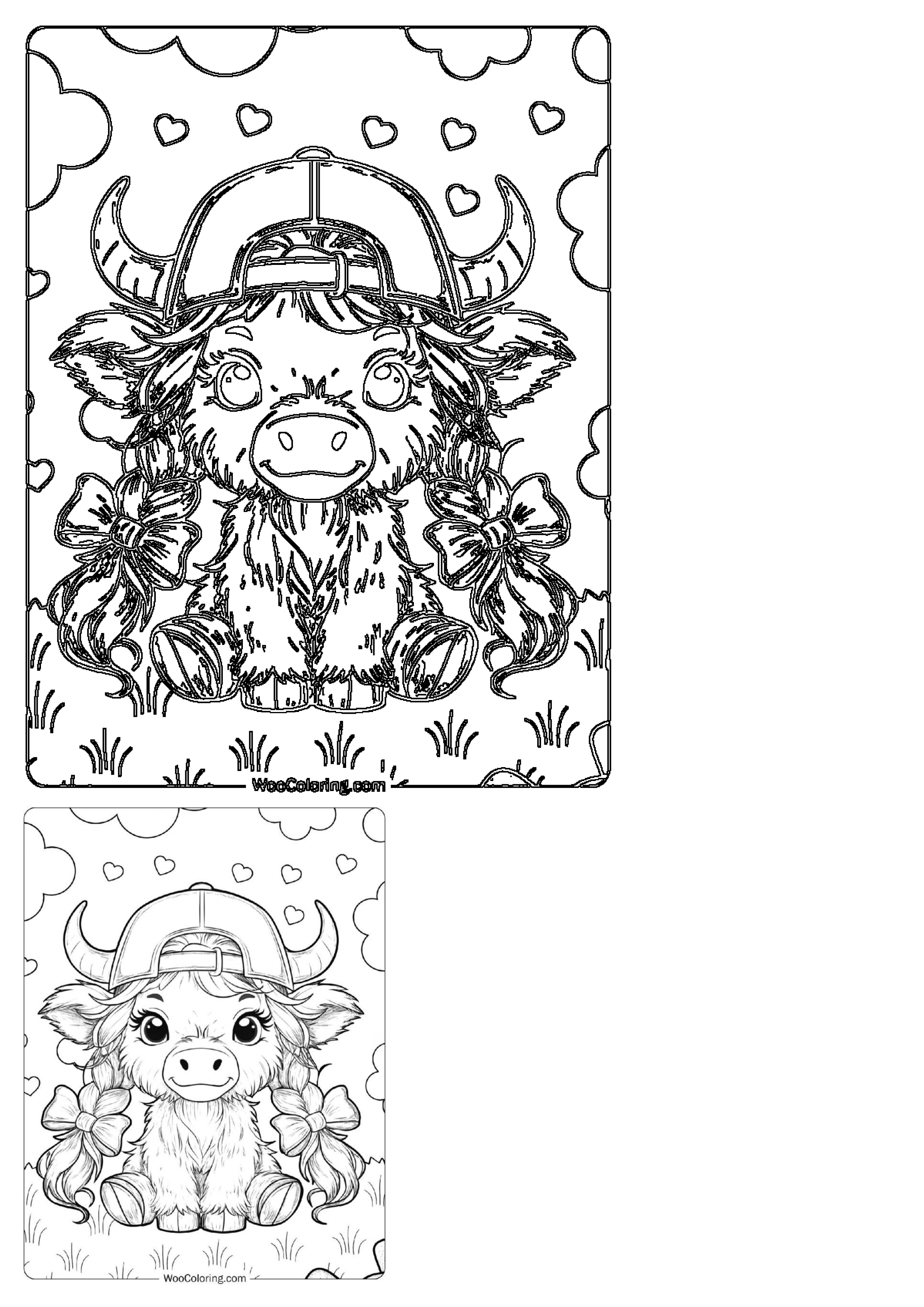 A charming baby yak outline with a backward hat and braided pigtails tied with bows, sitting in grass, surrounded by clouds and hearts.
