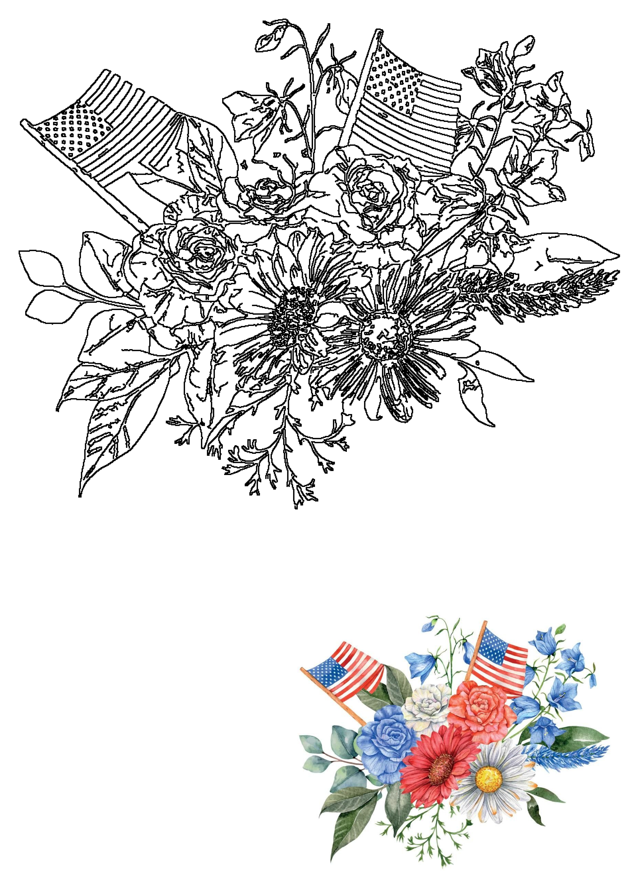 Detailed line art of a patriotic flower bouquet adorned with American flags, celebrating a festive and national theme.
