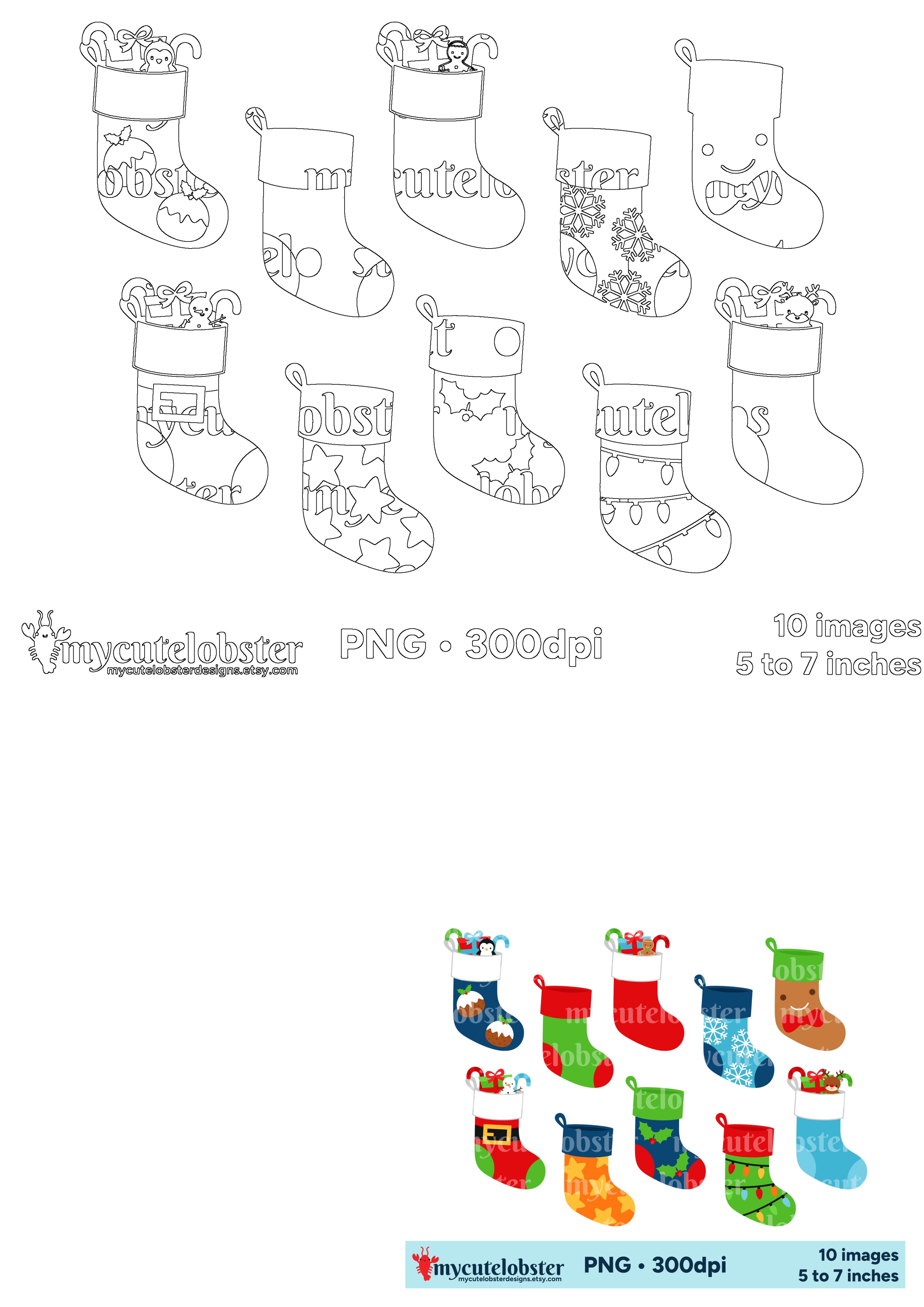 Collection of 10 Christmas stockings, featuring outlines and vibrant colored illustrations with holly, stars, snowflakes, and cute characters.