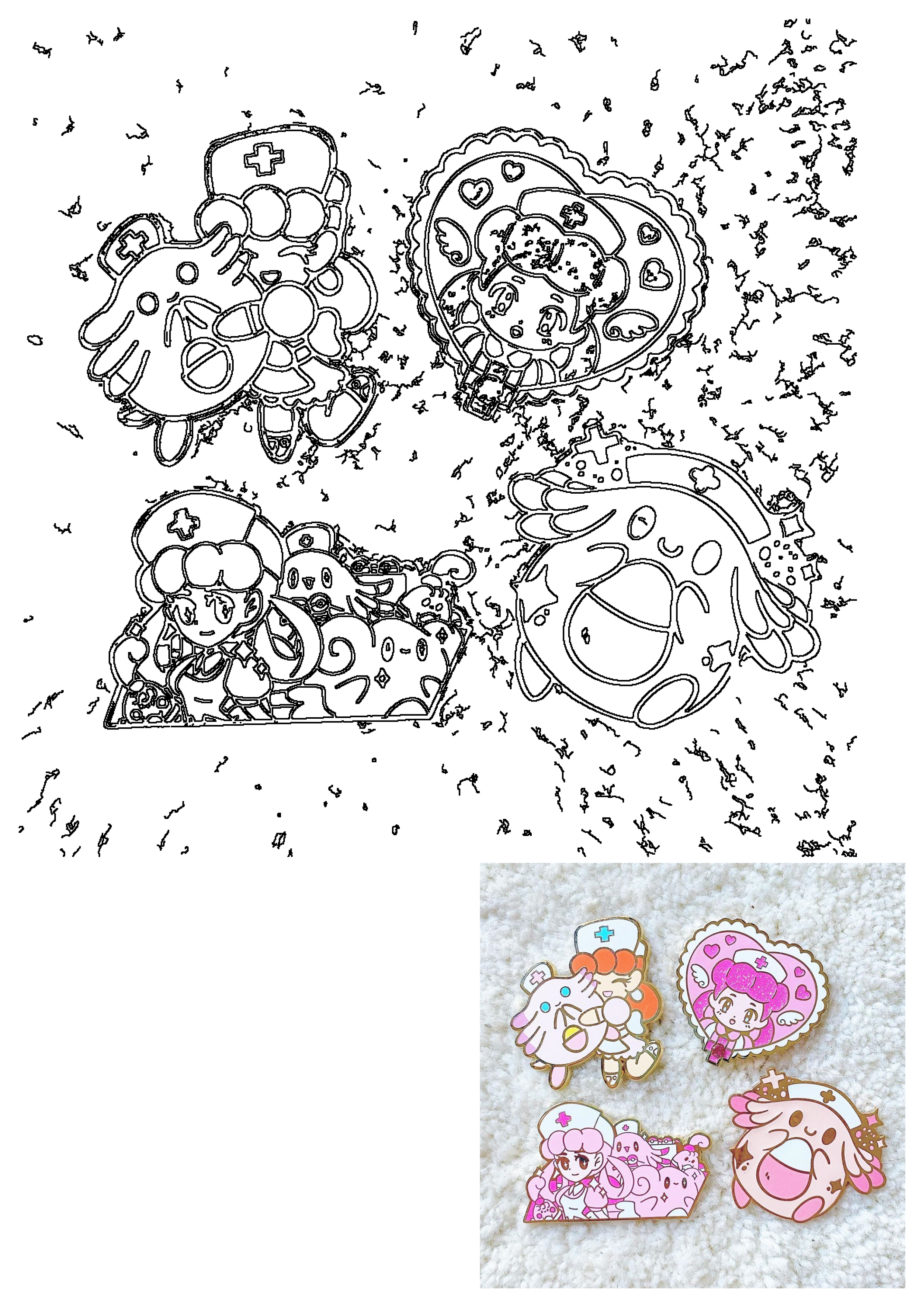 Odile Du's Instagram art showcasing original outlines and vibrant enamel pins of Nurse Joy and other cute Pokemon characters.