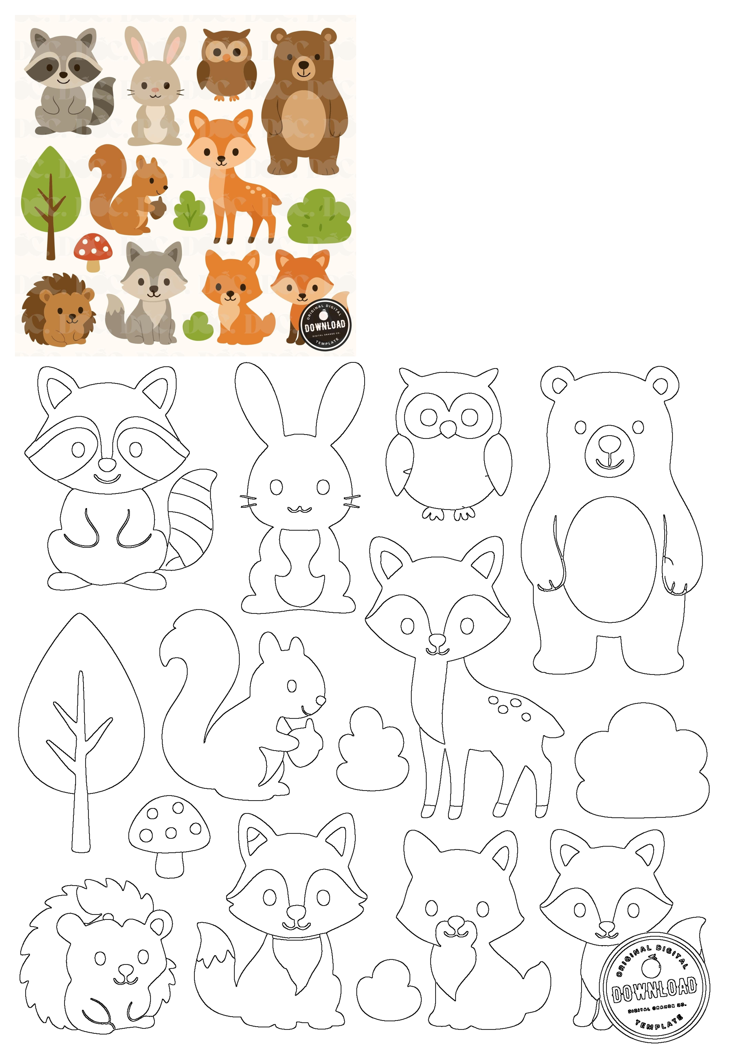 Cute woodland animals clipart and outlines bundle featuring raccoon, fox, bear, rabbit, owl, squirrel. Digital files for commercial use.