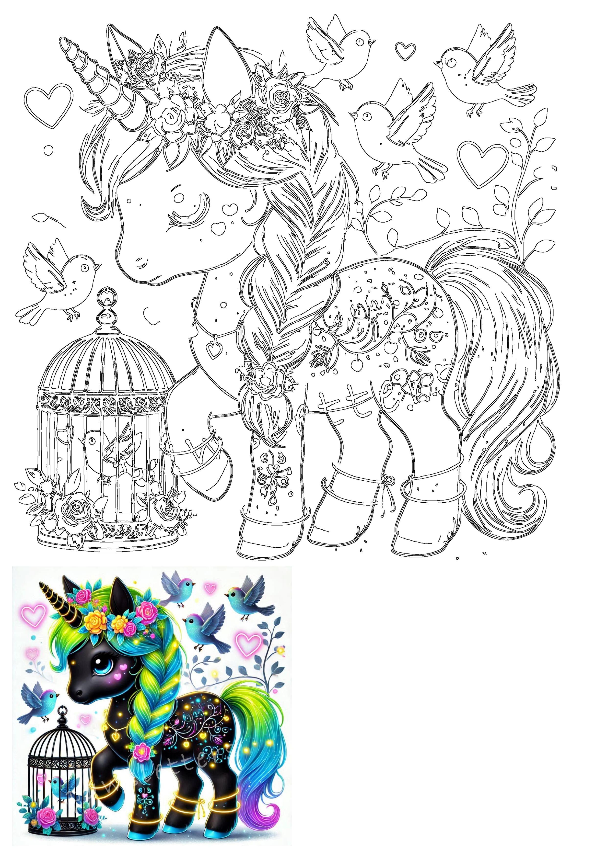 A majestic unicorn with a braided rainbow mane and floral wreath, accompanied by charming birds, a decorative birdcage, and glowing accents.