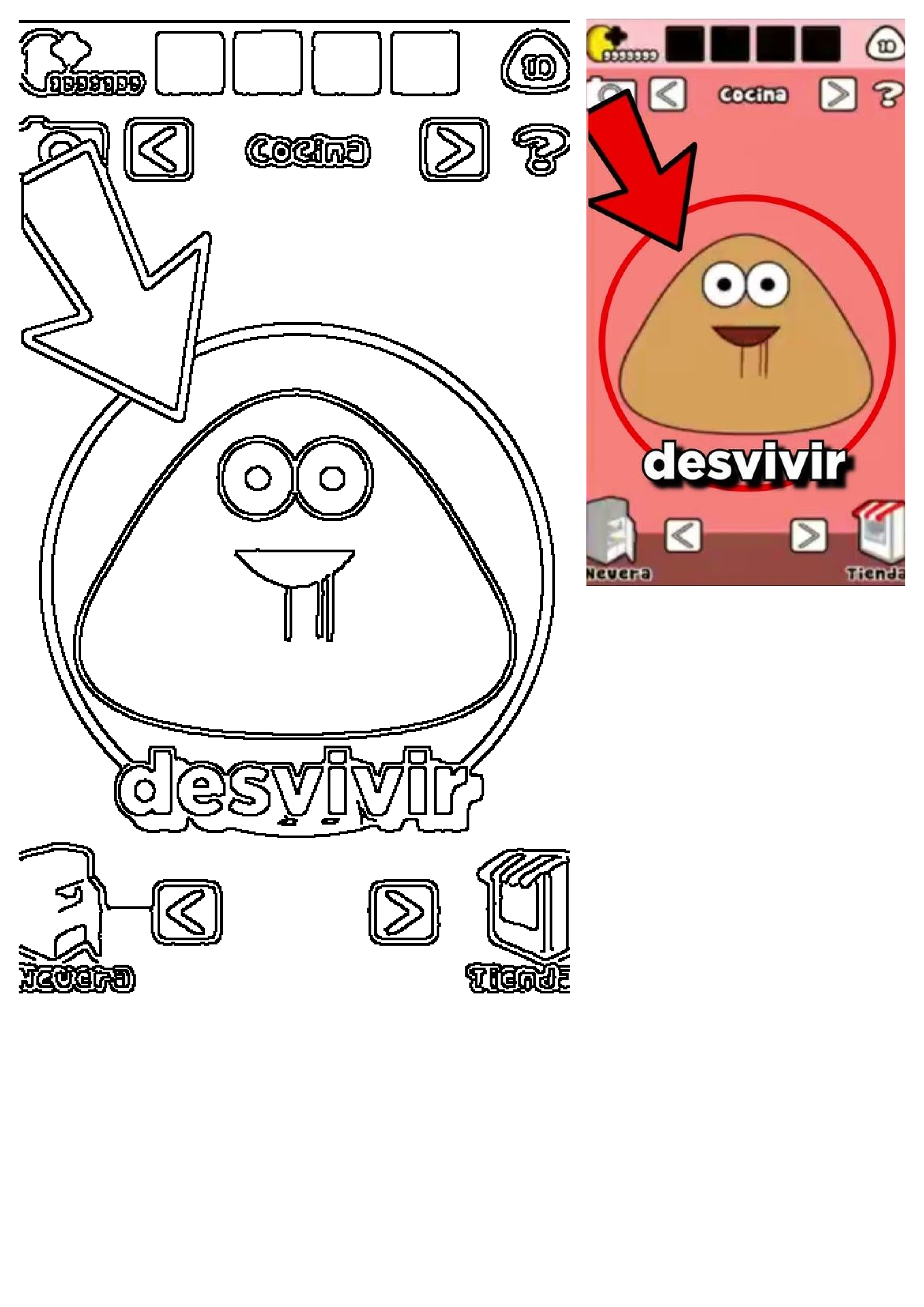 Pou mobile game interface with the character, 'desvivir' option, and menu items (Cocina, Tienda) displayed in both color and outline.