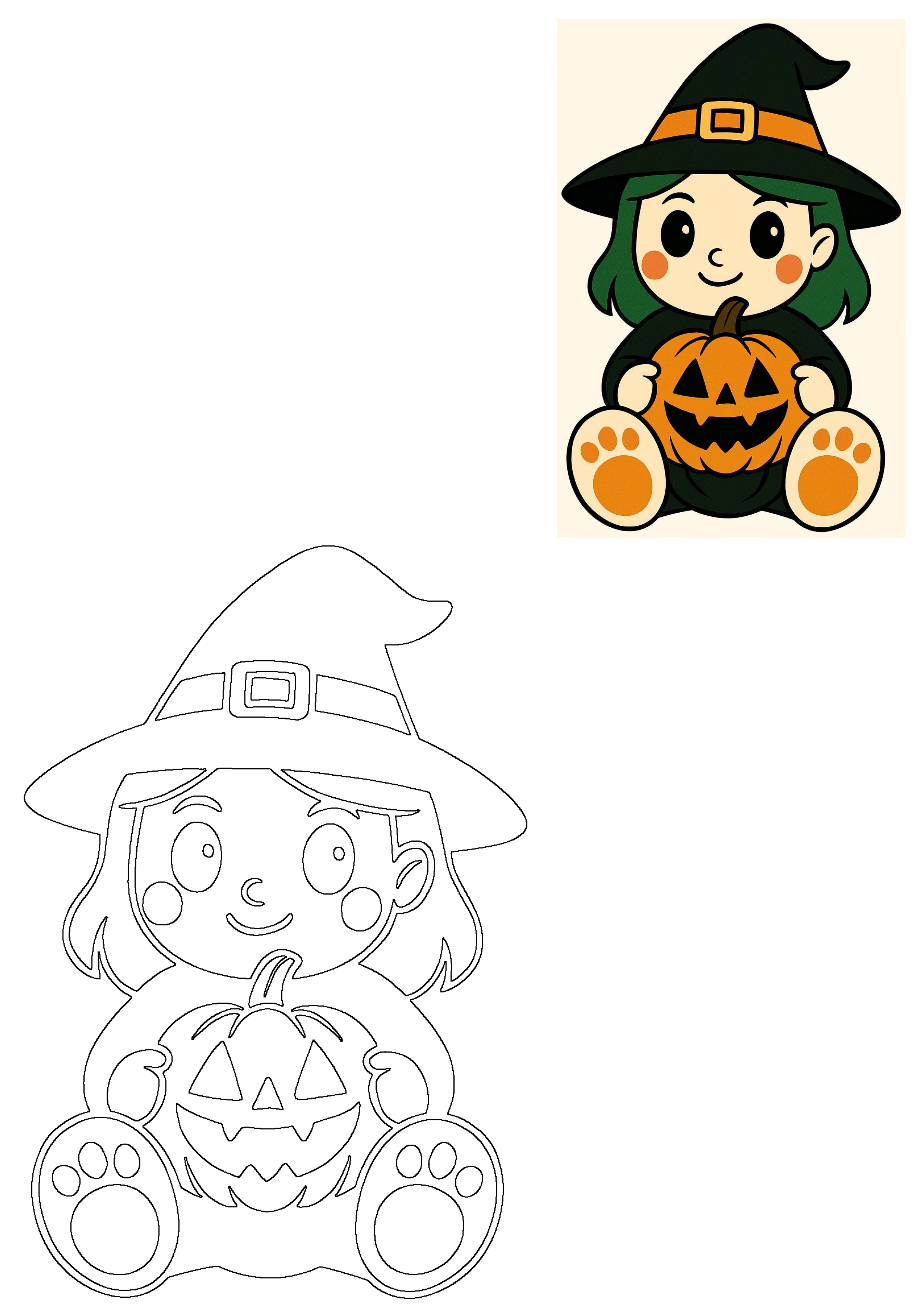 Cute witch character with green hair and a black hat, sitting and holding a grinning Halloween pumpkin. Ideal vector design for parties.