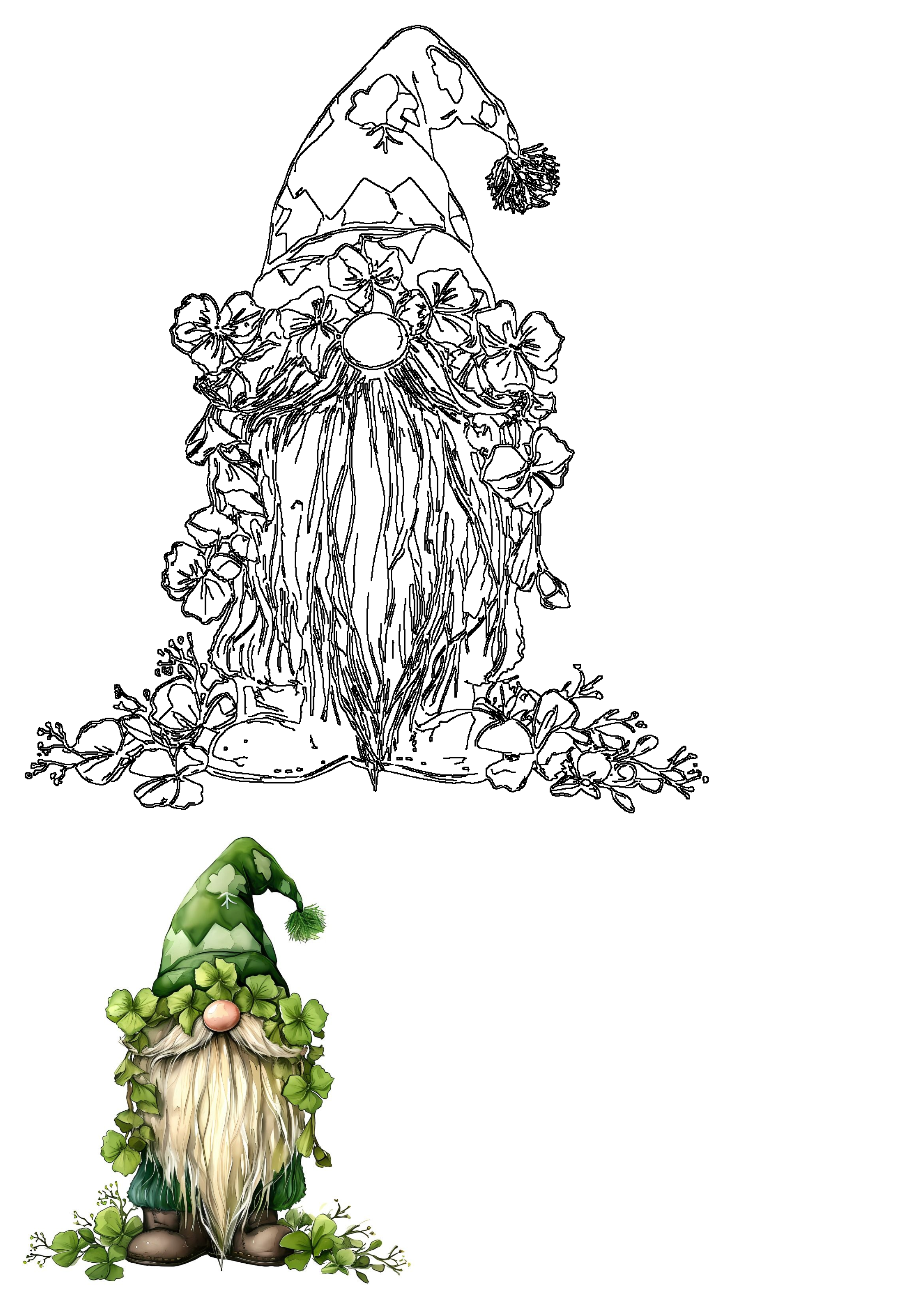 Vibrant St. Patrick's Day gnome PNG clipart with a green hat and shamrocks, plus a line art version. Free download.