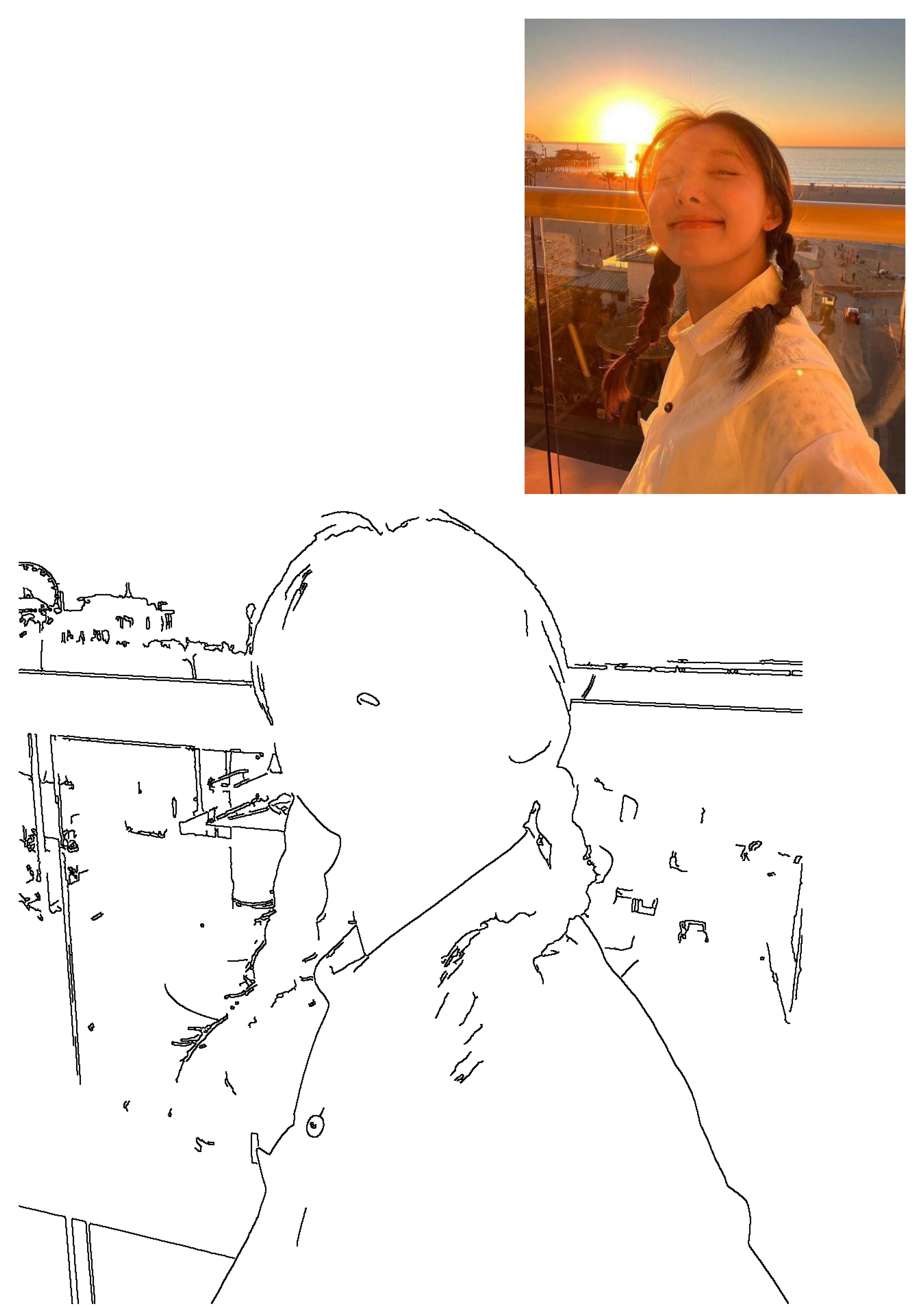 A girl with braids smiles, eyes closed, enjoying a warm sunset over the ocean. A vibrant beach pier is visible in the background.