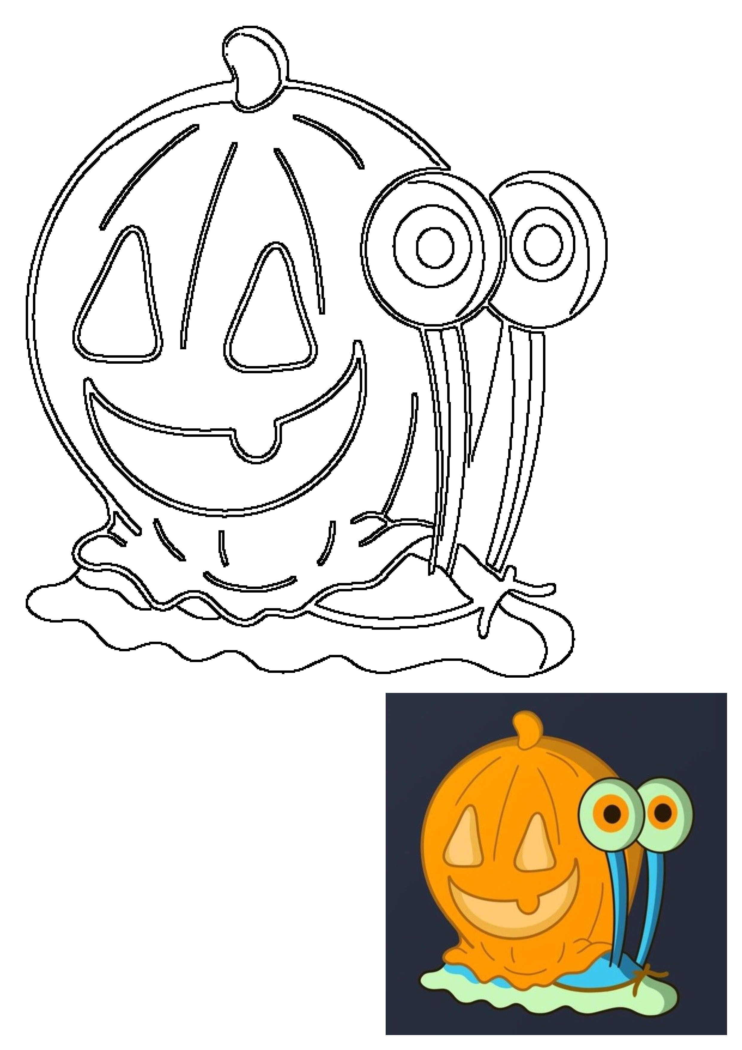 A cute outline drawing of a Halloween pumpkin snail cartoon character. Features triangle eyes, a wide smile, and a pumpkin shell.