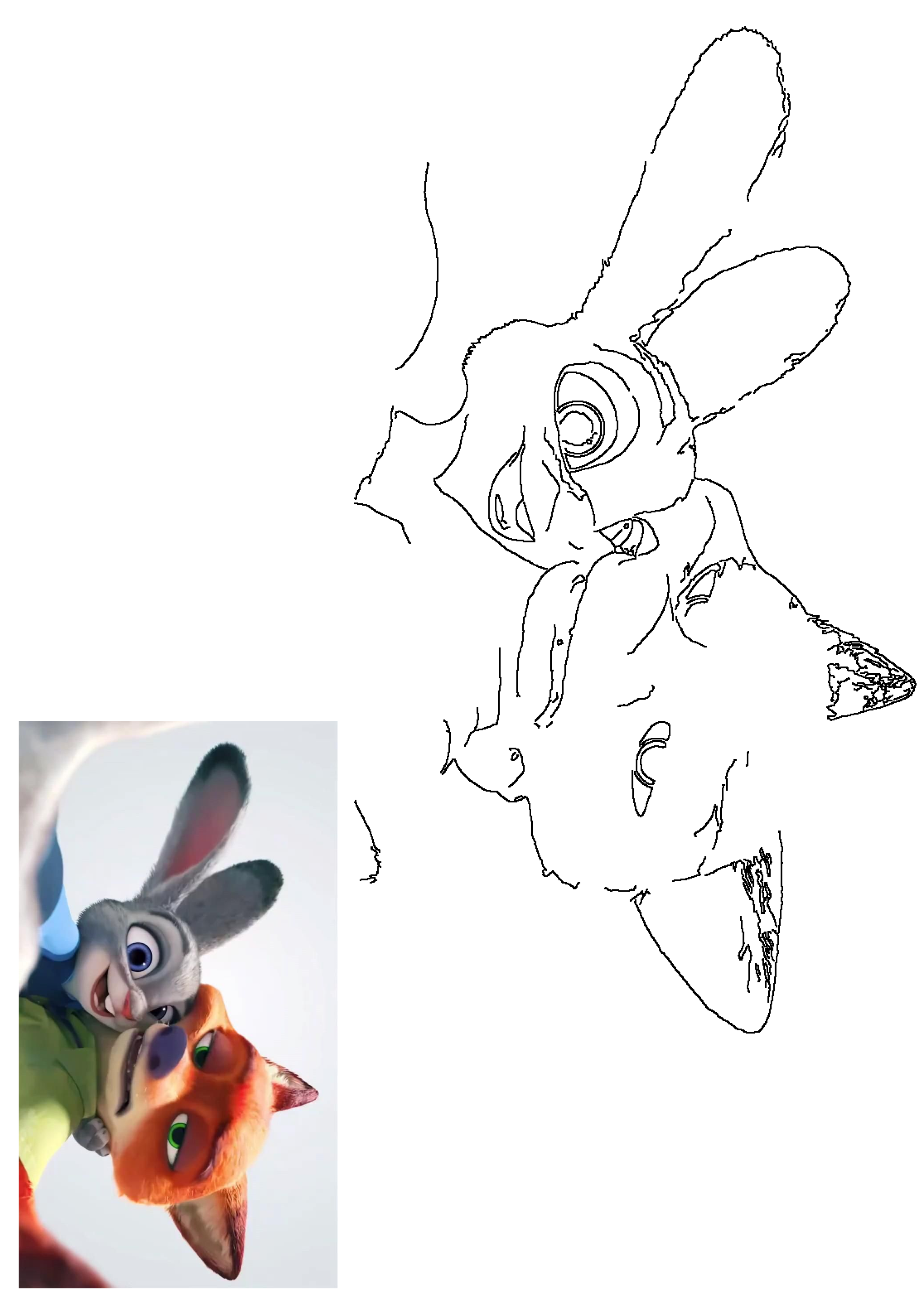 Zootopia's Judy Hopps and Nick Wilde in a smiling close-up, alongside a blank outline drawing for coloring.